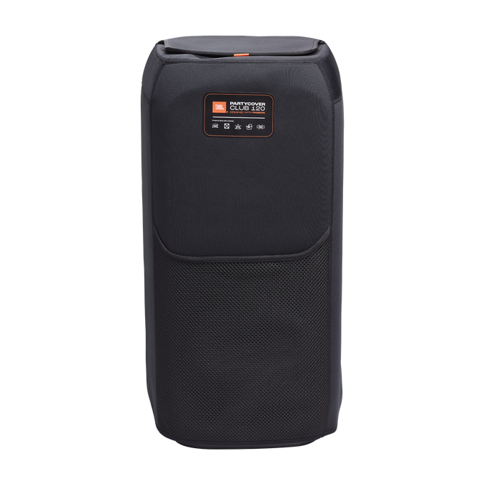 Una funda negra para altavoz JBL Partybox con un logotipo e iconos, sobre un fondo negro.
