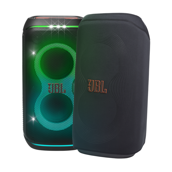 Altavoz JBL negro con una cubierta negra, iluminado con luces verdes y naranjas.