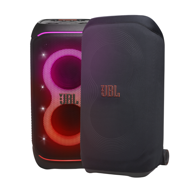 Un altavoz JBL con funda, mostrando luces coloridas.