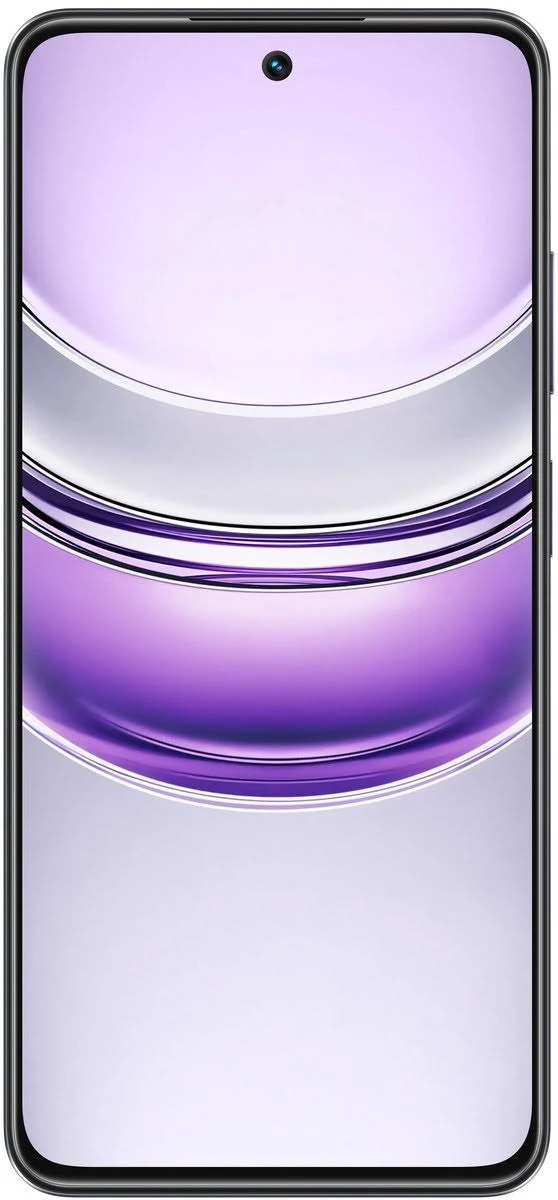 Smartphone con un diseño morado y blanco en la pantalla. El teléfono es negro.