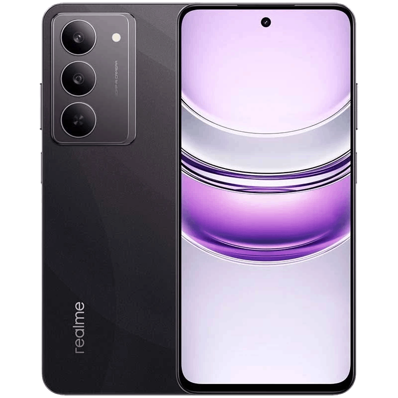 Smartphone negro y gris con tres cámaras y una pantalla con gradiente morado.