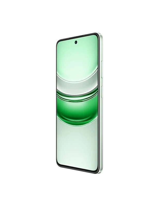 Un smartphone con pantalla verde, vista en ángulo, fondo blanco.