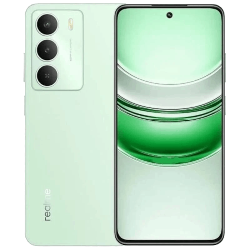 Smartphone verde, vista trasera y frontal. Tres cámaras, color verde con módulo de cámara y pantalla negros.