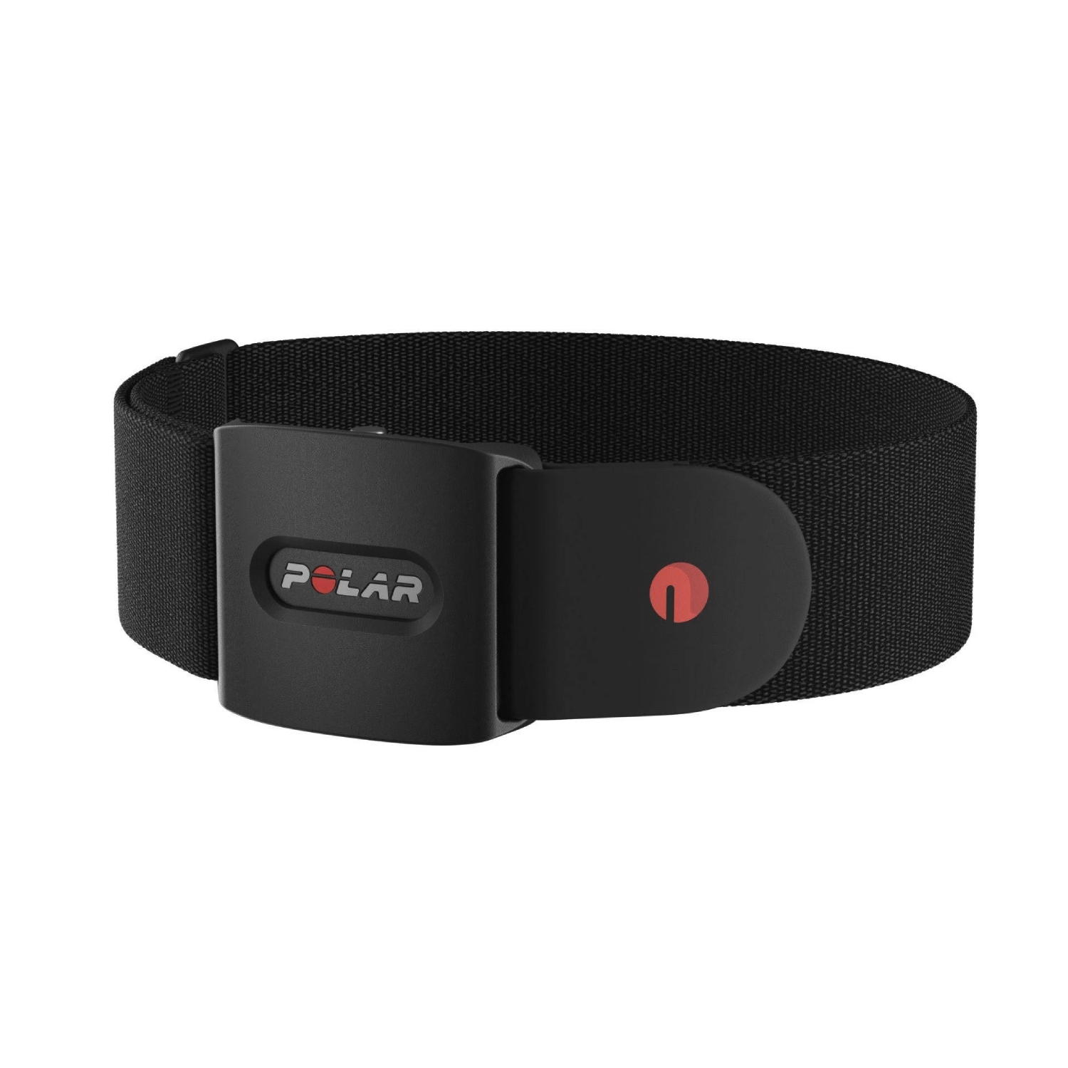 Monitor de frecuencia cardíaca Polar negro con sensor rojo y banda negra, con el logotipo de Polar.