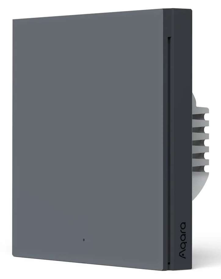 Szary inteligentny włącznik ścienny Aqara. Ma kwadratowy kształt i małe światełko na dole.