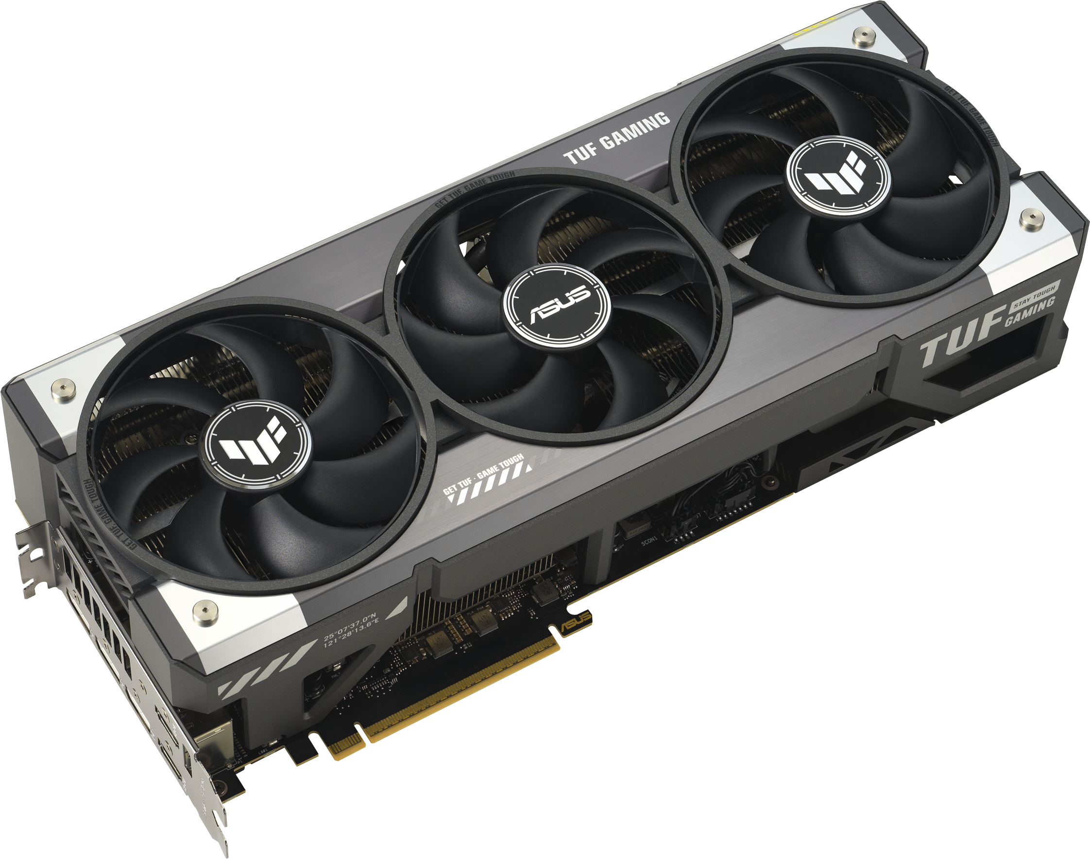 Scheda grafica con tre ventole, modello ASUS TUF GAMING, schema colori nero/grigio.