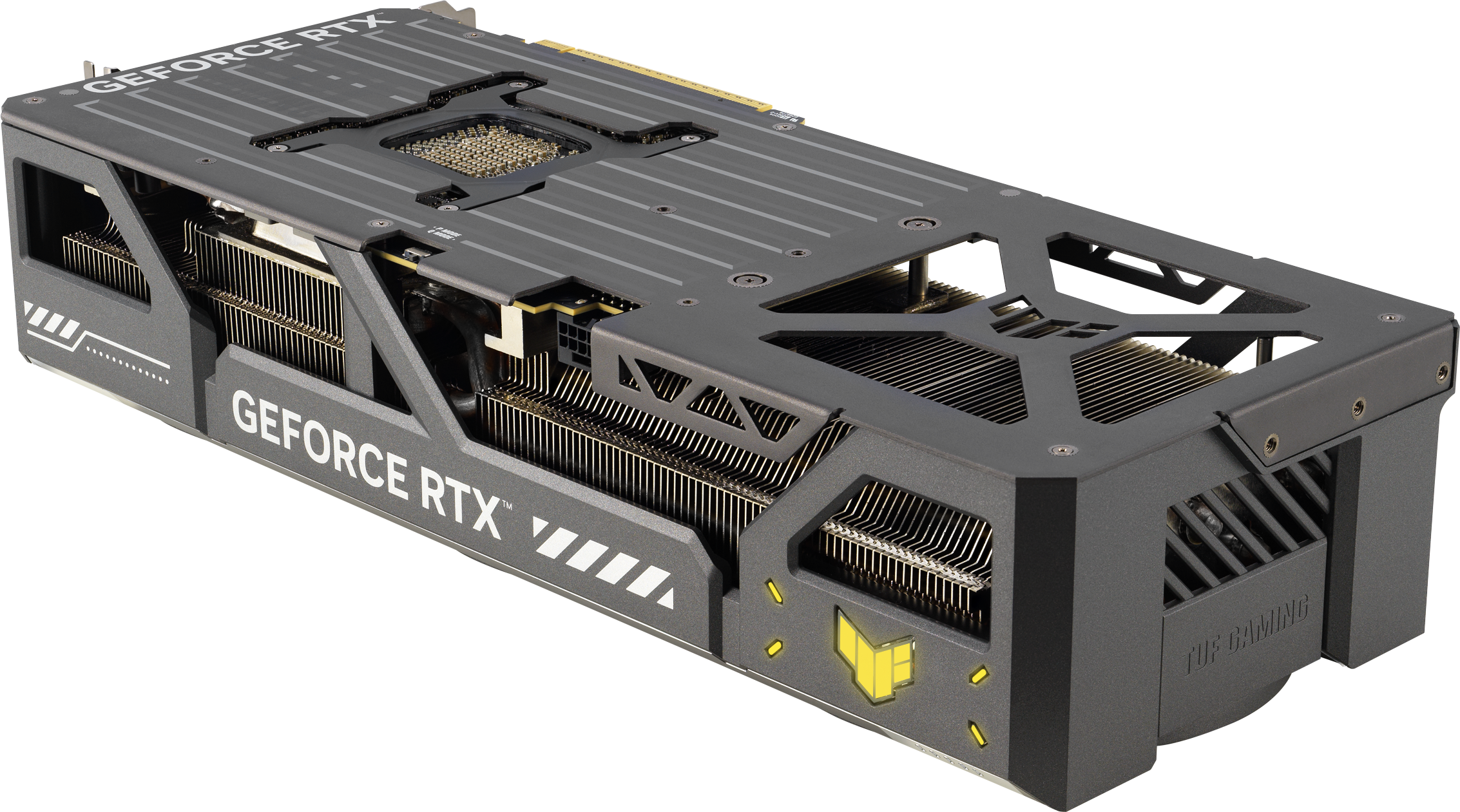 Scheda grafica GeForce RTX con design nero e grigio e accenti gialli.