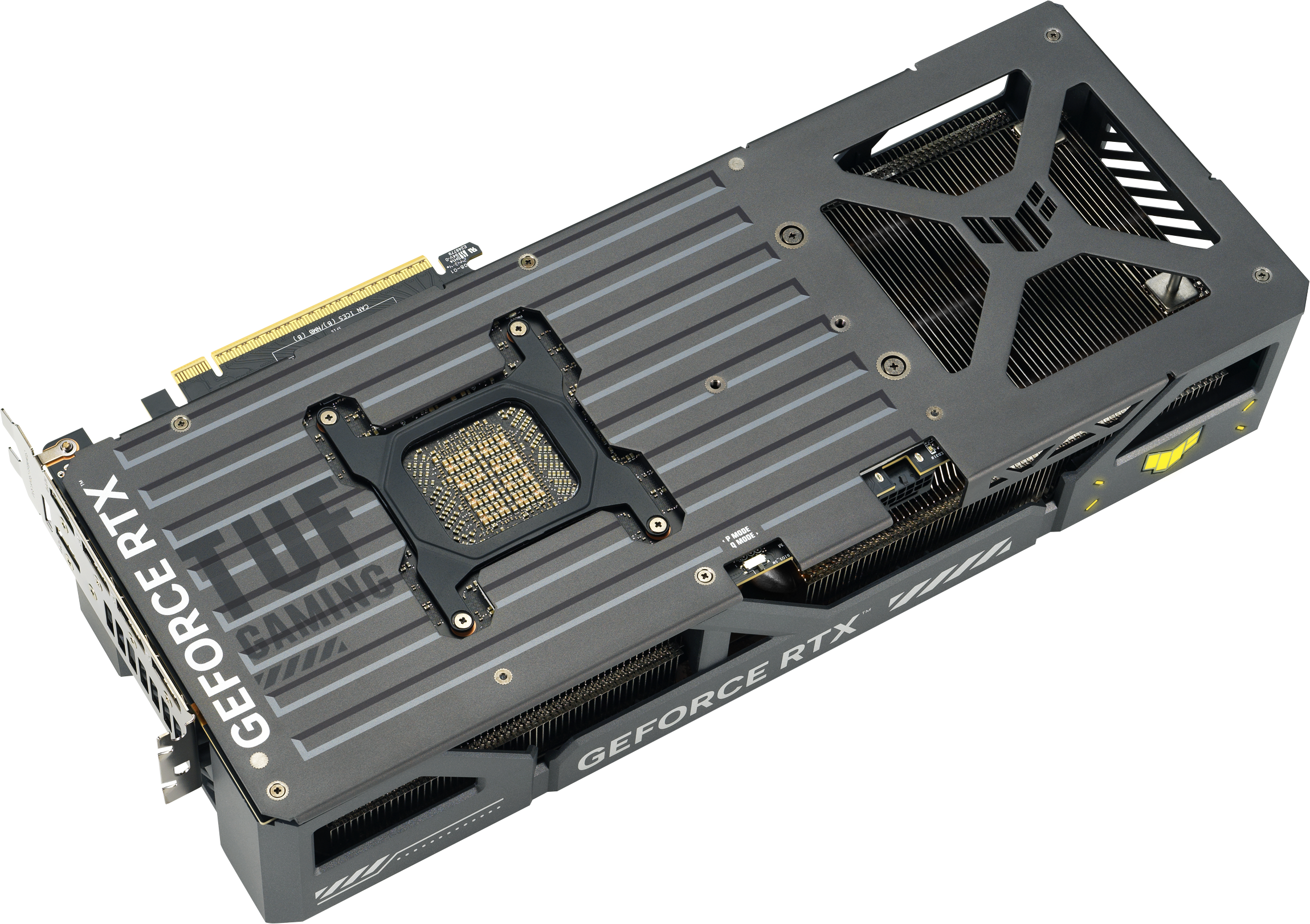 Scheda grafica GeForce RTX su sfondo nero. Con etichette 'TUF GAMING' e 'GEFORCE RTX'.