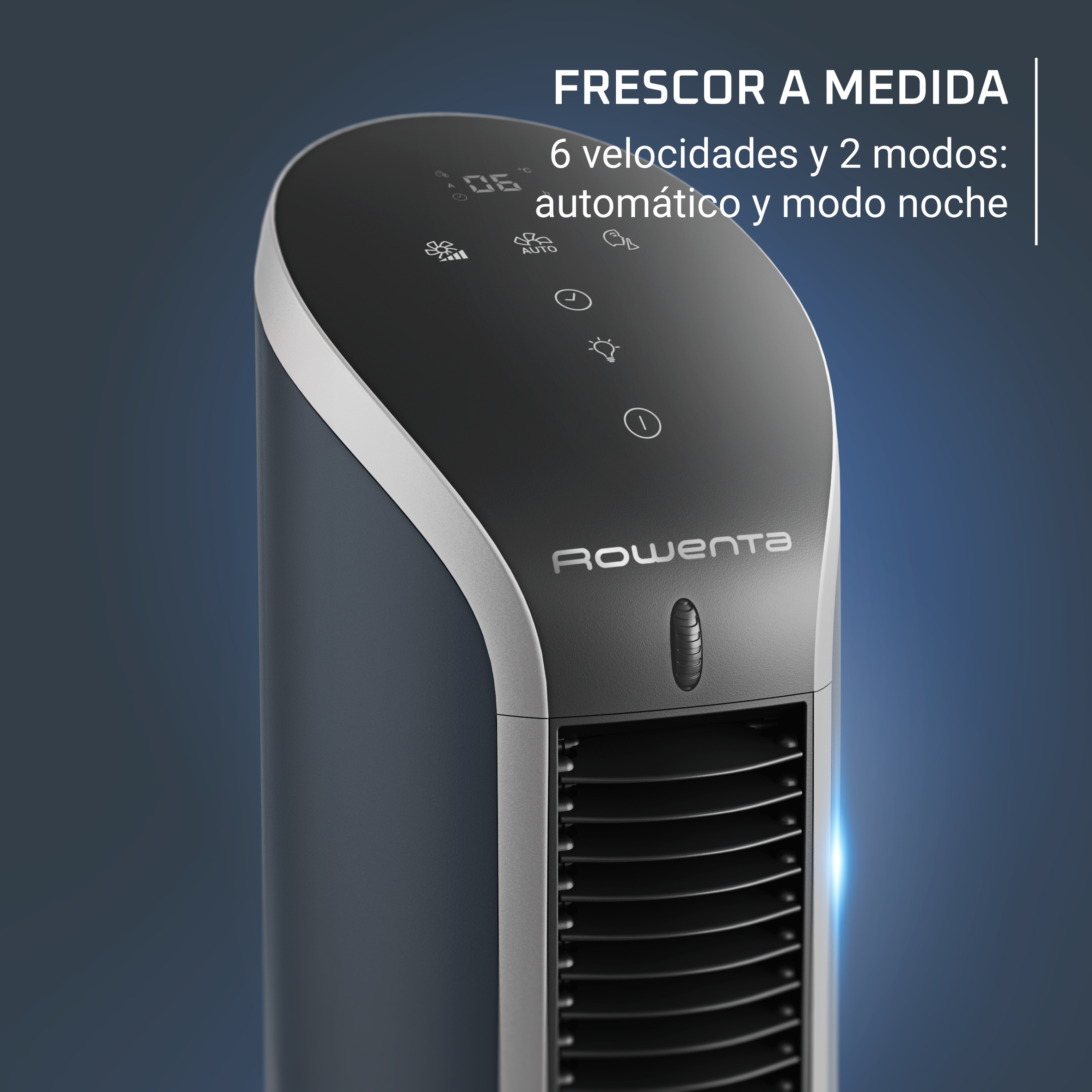 Un ventilador moderno con panel de control y logo Rowenta, con texto en español.