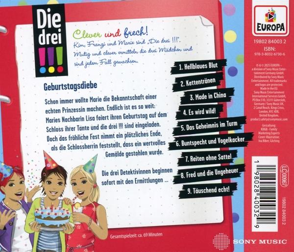 Eine DVD-Hülle mit Cartoon-Kindern, die einen Kuchen halten. Der Titel ist Die Drei !!!