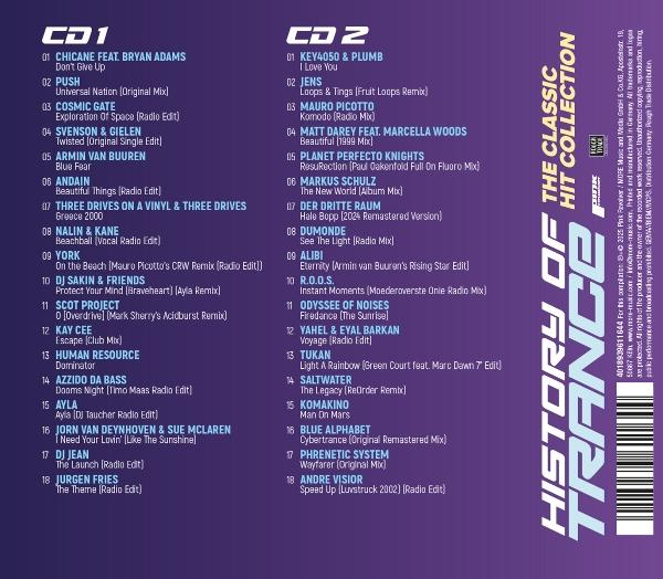 Albumcover mit Titellisten und Text. Der Titel lautet 'History of Trance'.
