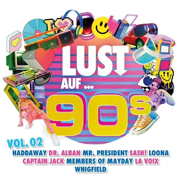 Albumcover mit bunten Grafiken und einer Frau in pinkem Outfit. 'Lust auf...90s'.