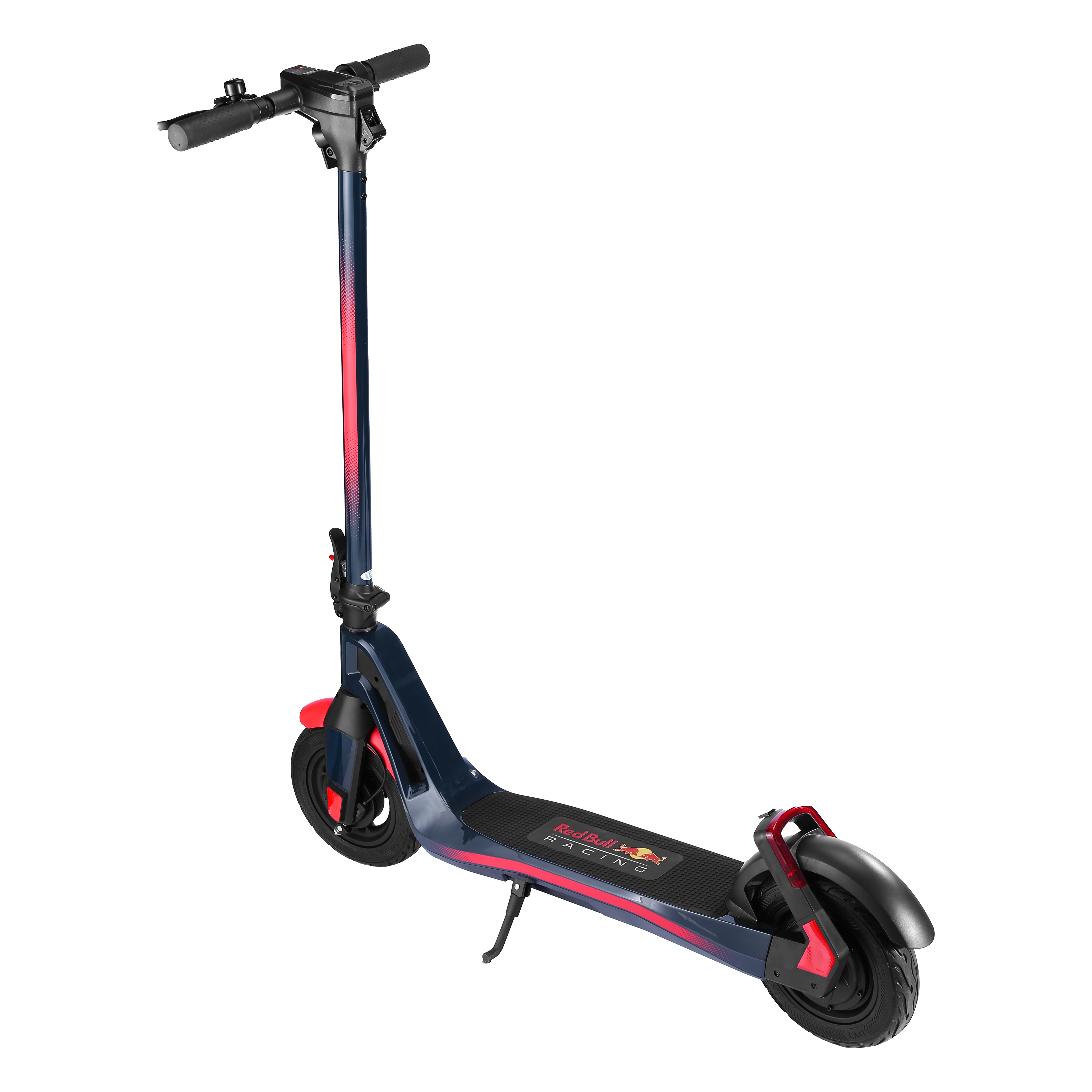 Ein elektrischer Roller von Red Bull Racing, marineblau mit roten Akzenten, vor weißem Hintergrund.
