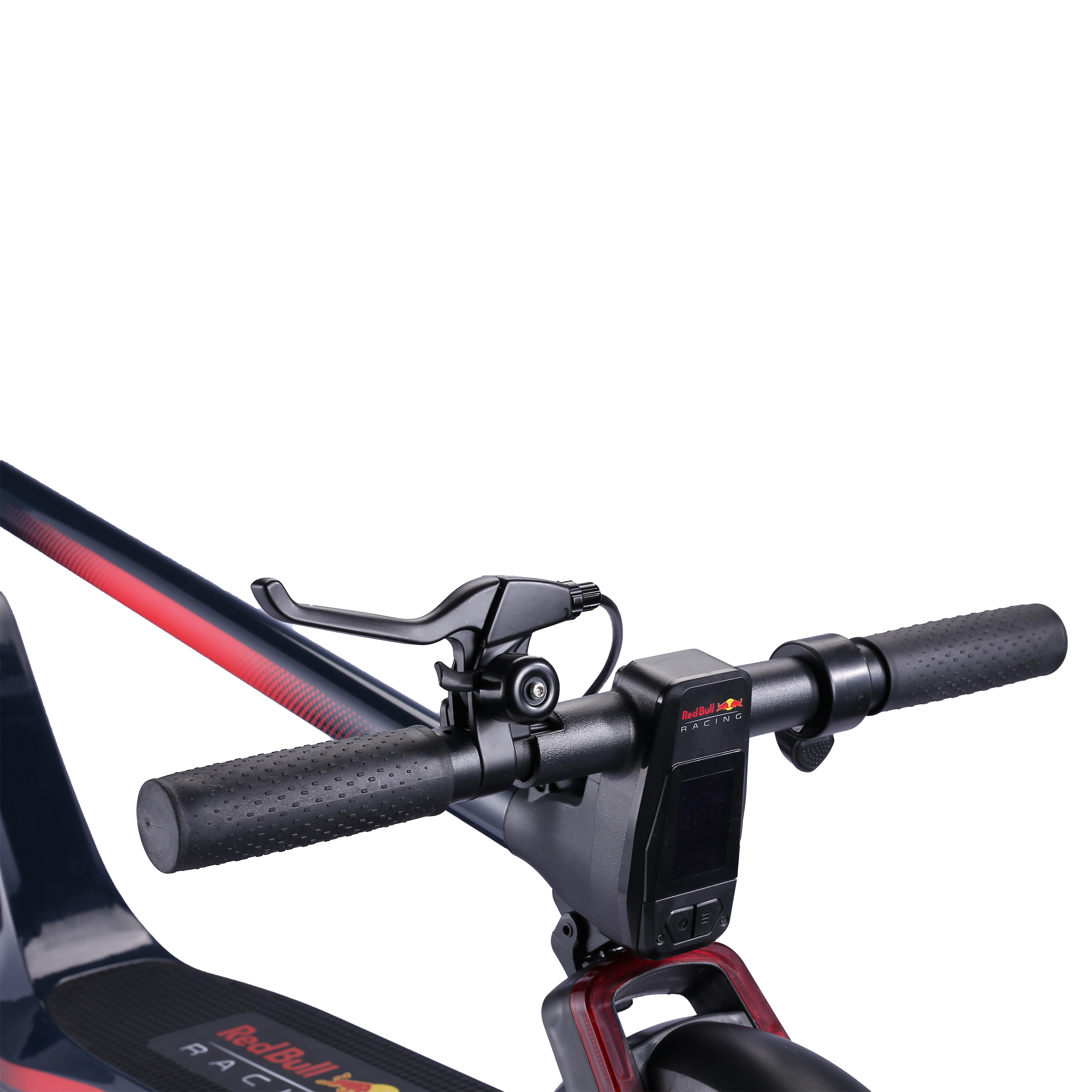 Nahaufnahme des Lenkers eines Red Bull Racing-Rollers, rote und schwarze Details.