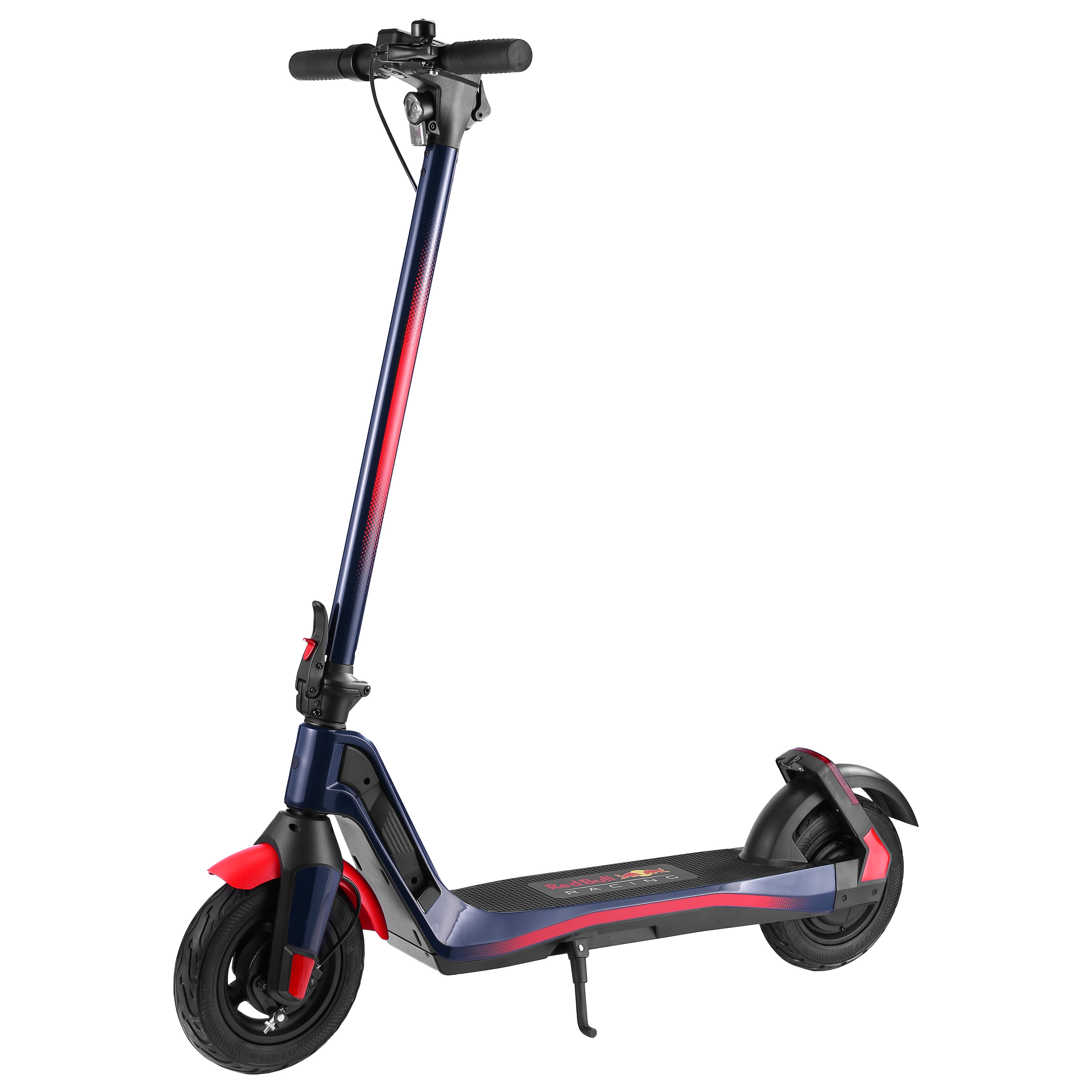 Blau-roter Elektroroller mit schwarzem Reifen und Ständer. Der Roller hat einen roten Streifen.