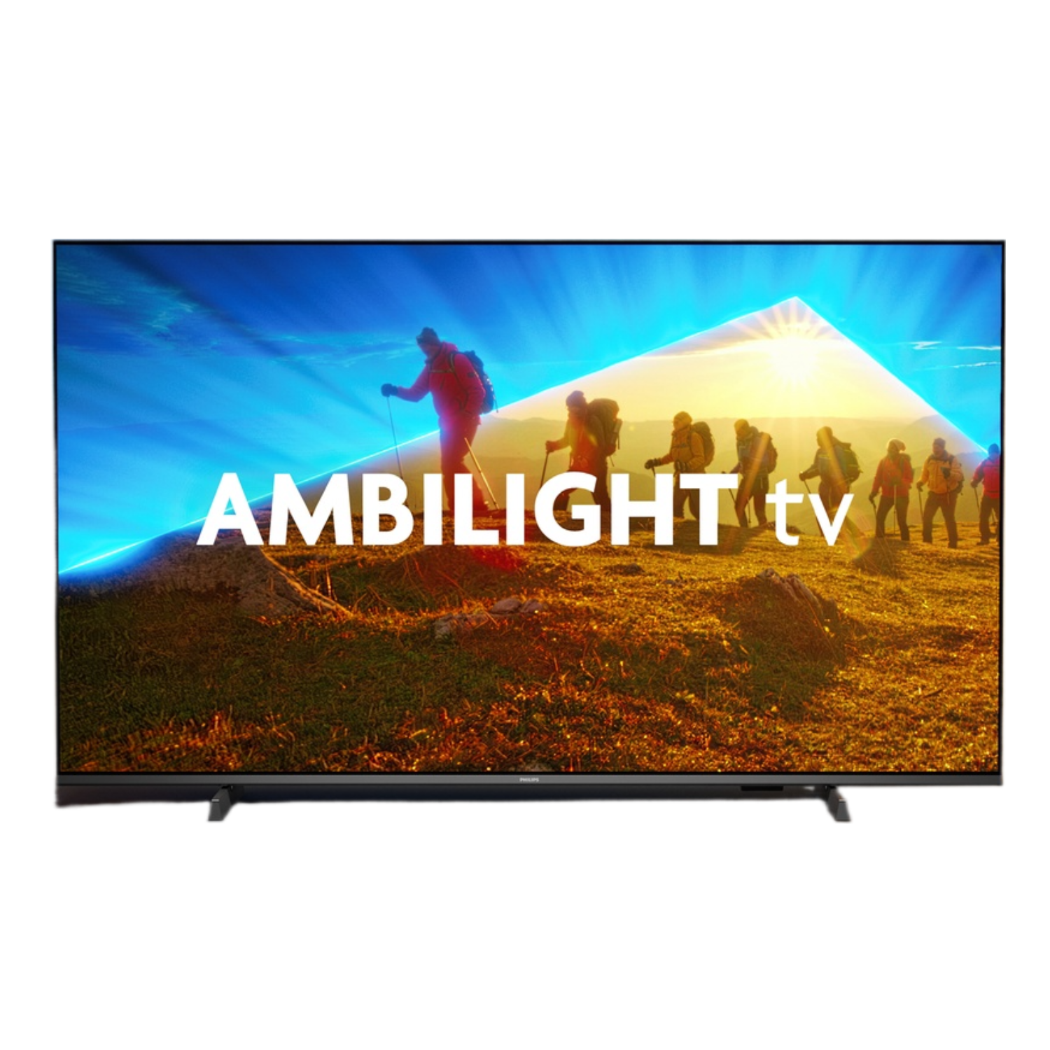 Un écran de télévision affichant une scène de montagne avec des randonneurs. Le mot AMBILIGHT est écrit.