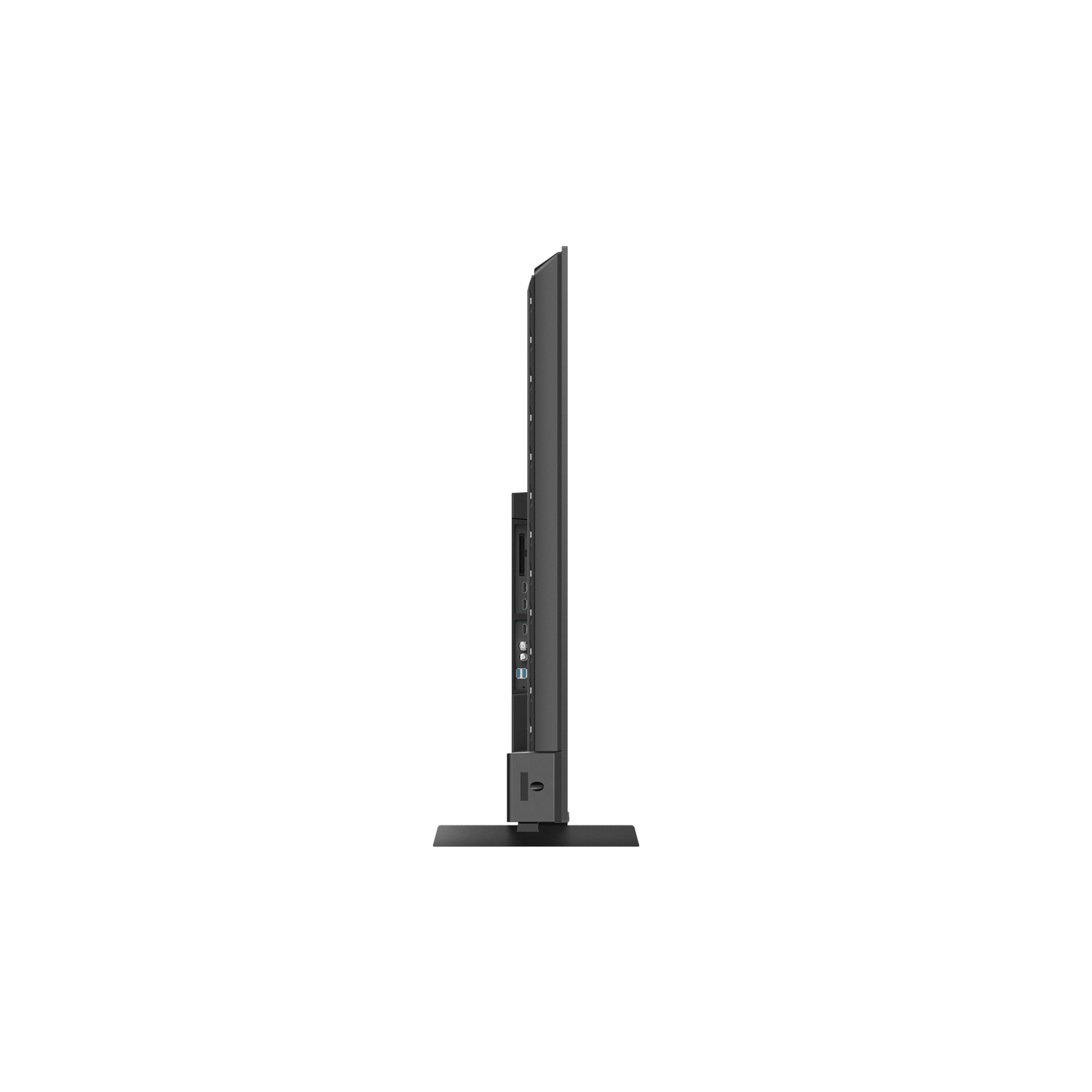 Vue latérale d'une télévision noire avec un support, montrant les ports.