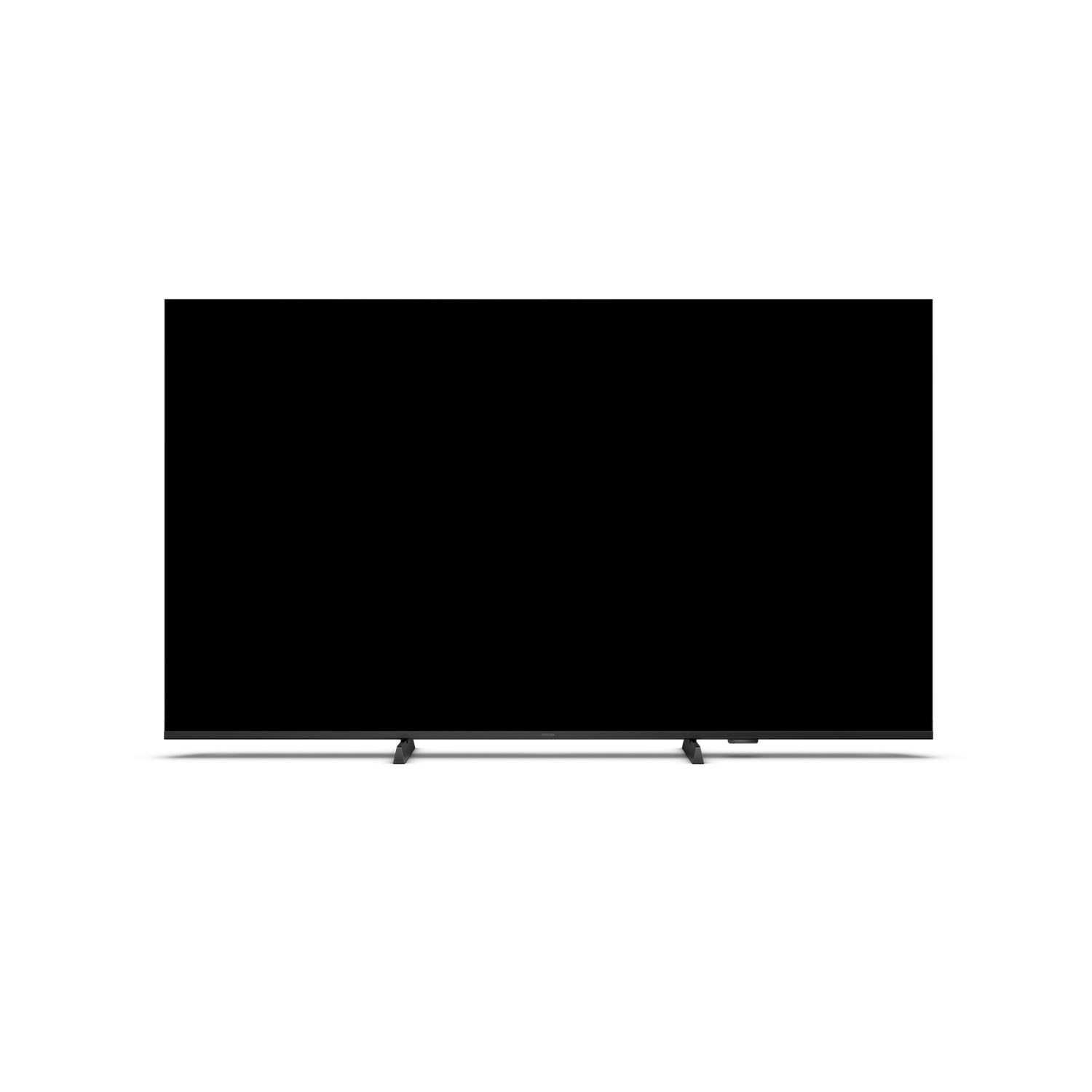 Un écran de télévision noir avec un cadre fin et un support, isolé sur fond blanc.