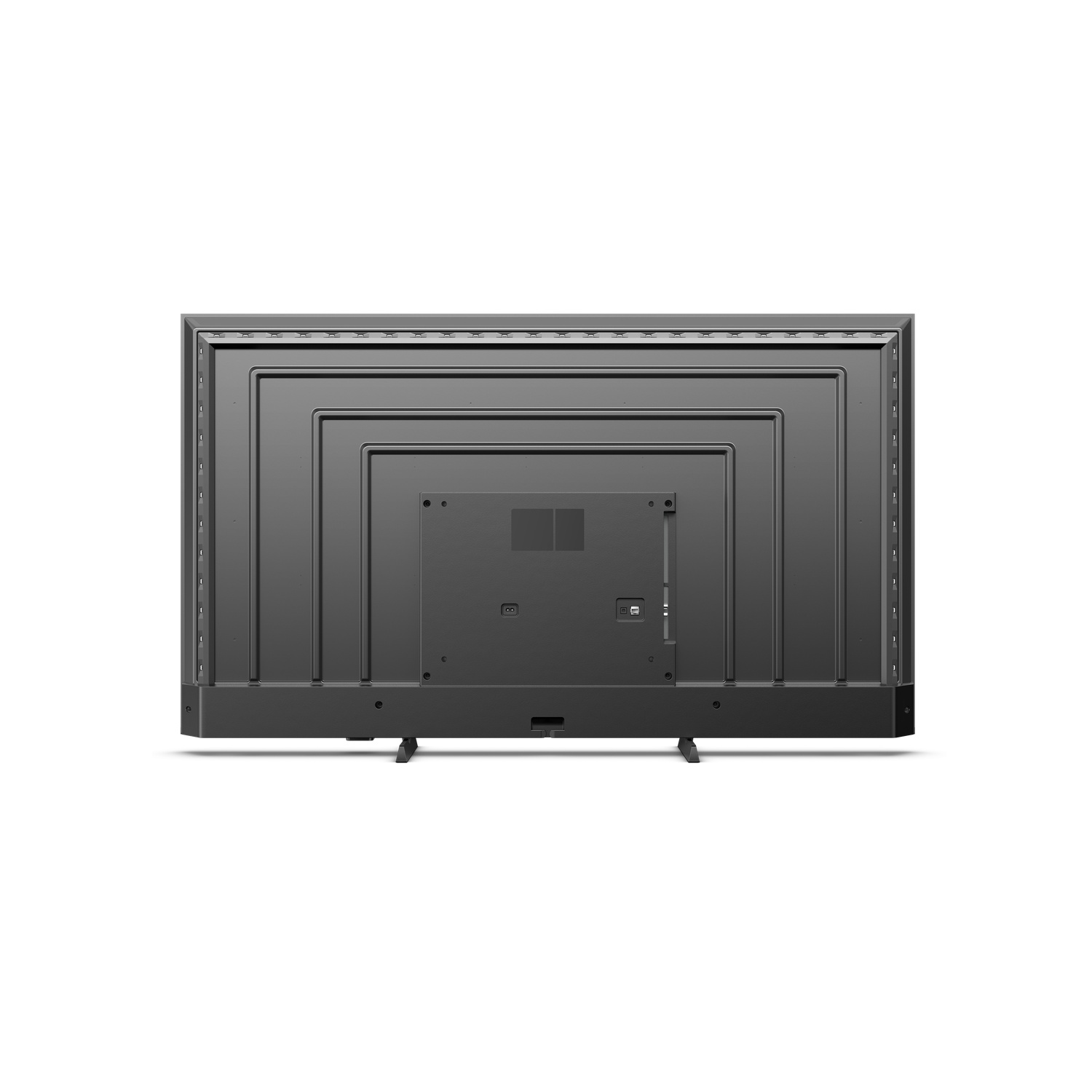 L'arrière d'un téléviseur noir avec support, connecteurs et un compartiment central.