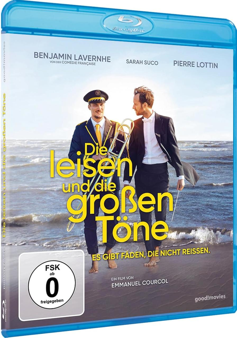 Blu-ray-Hülle mit zwei Männern am Strand. Titel: Die Leiden und die großen Töne. Film.