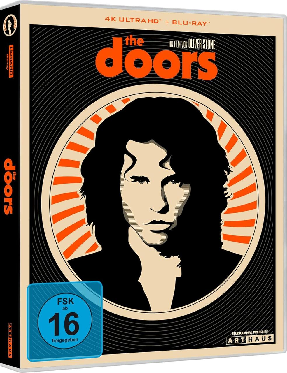 The Doors Blu-ray-Hülle. Jim Morrisons Gesicht befindet sich in der Mitte des Covers.