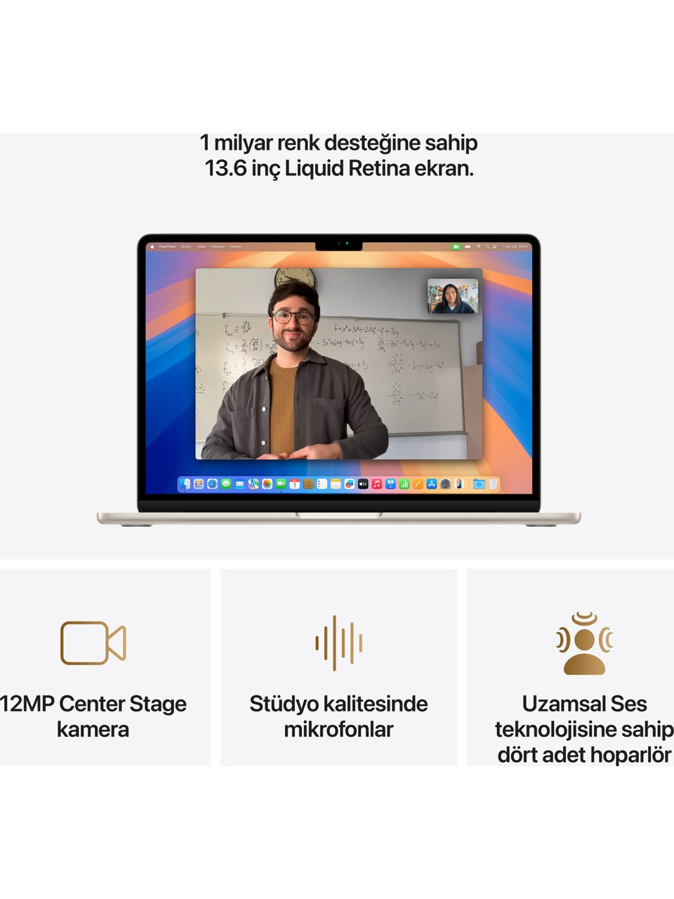 Bir video görüşmesi gösteren bir dizüstü bilgisayar ve bir kamera ve mikrofonlar dahil olmak üzere altındaki metinle simgeler.