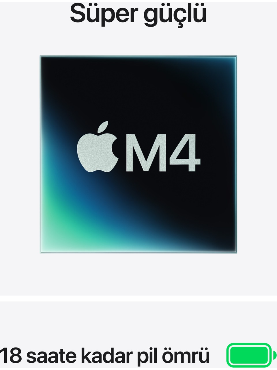 Renkli gradyan arka plan üzerinde Apple M4 çip logosu. Metin: 'Süper Güçlü'.