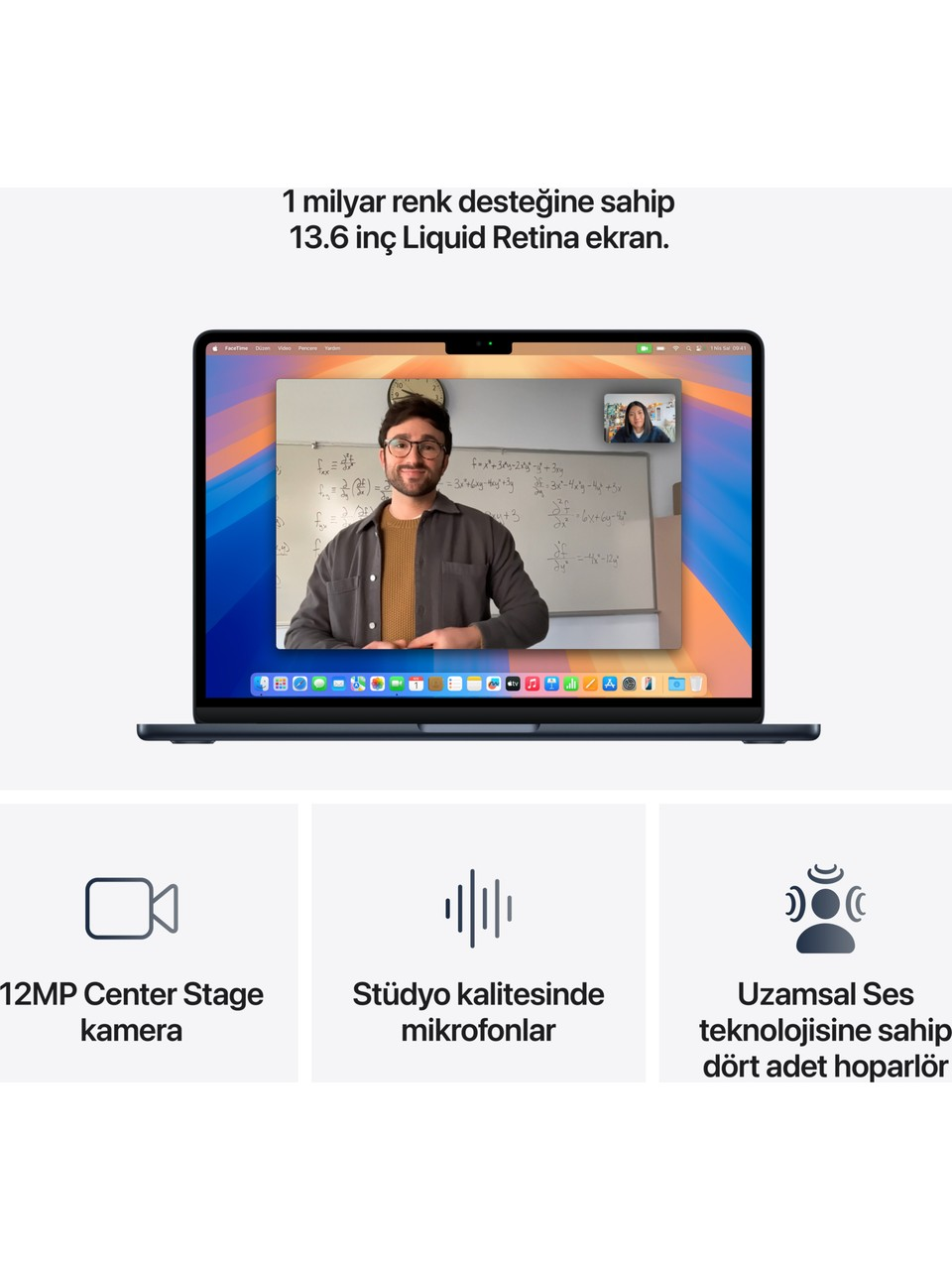 Ekranında bir görüntülü görüşme olan bir dizüstü bilgisayar. Özellikleri arasında kamera ve stüdyo mikrofonları bulunur.