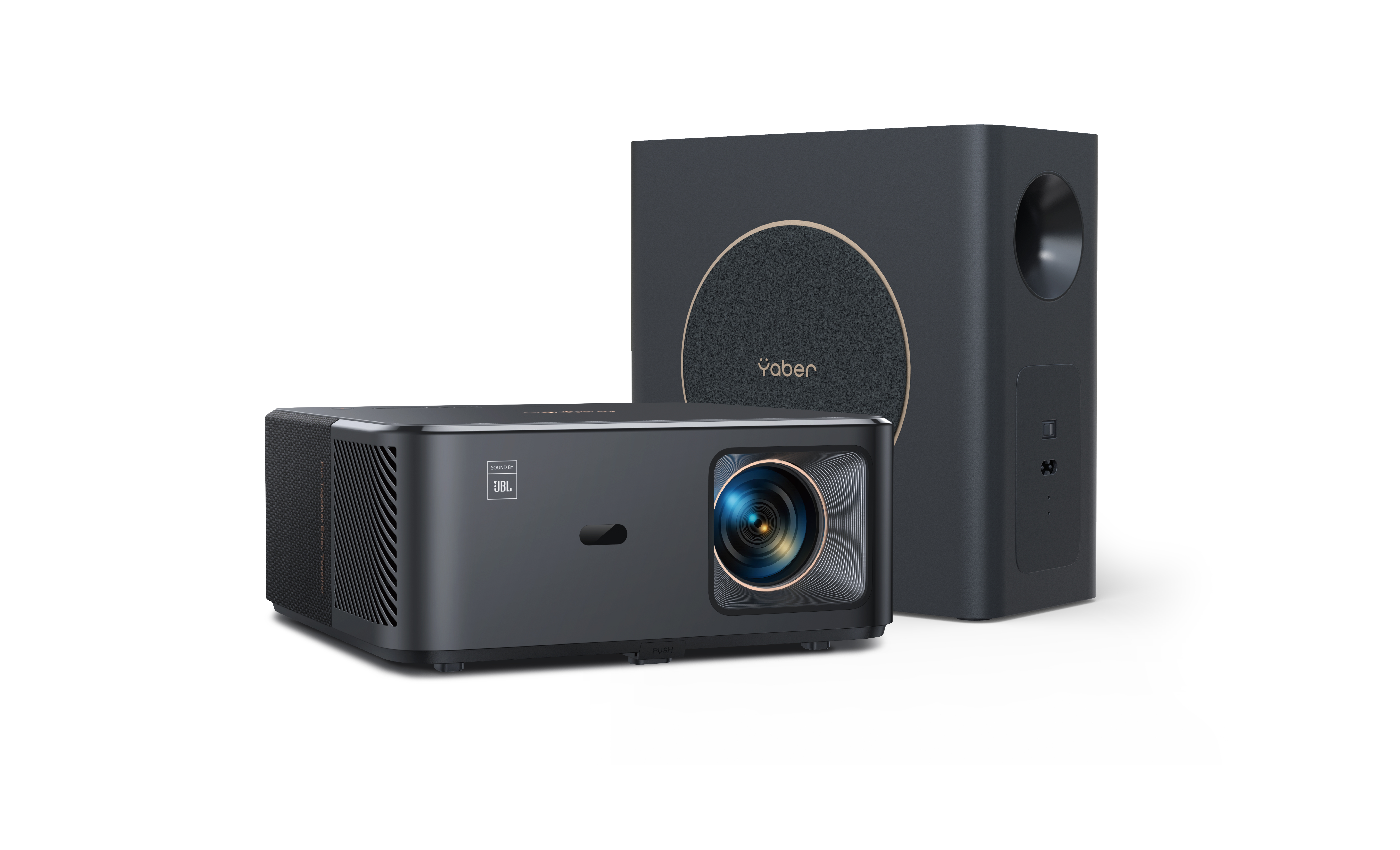 Schwarzer Yaber-Projektor und ein passender Subwoofer.