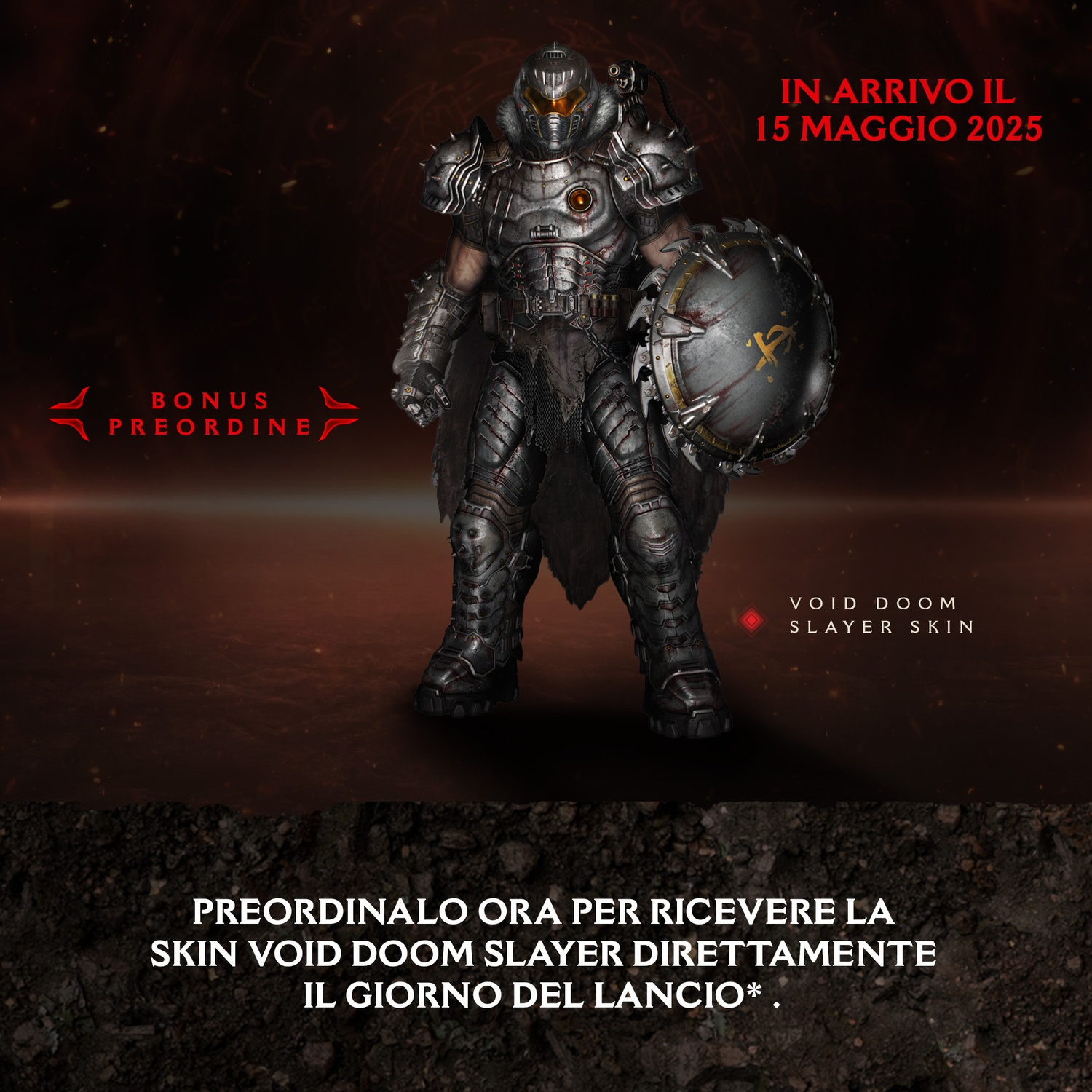 Doom Slayer in armatura con scudo, con testo: IN ARRIVO IL 15 MAGGIO 2025 e BONUS PREORDINE.