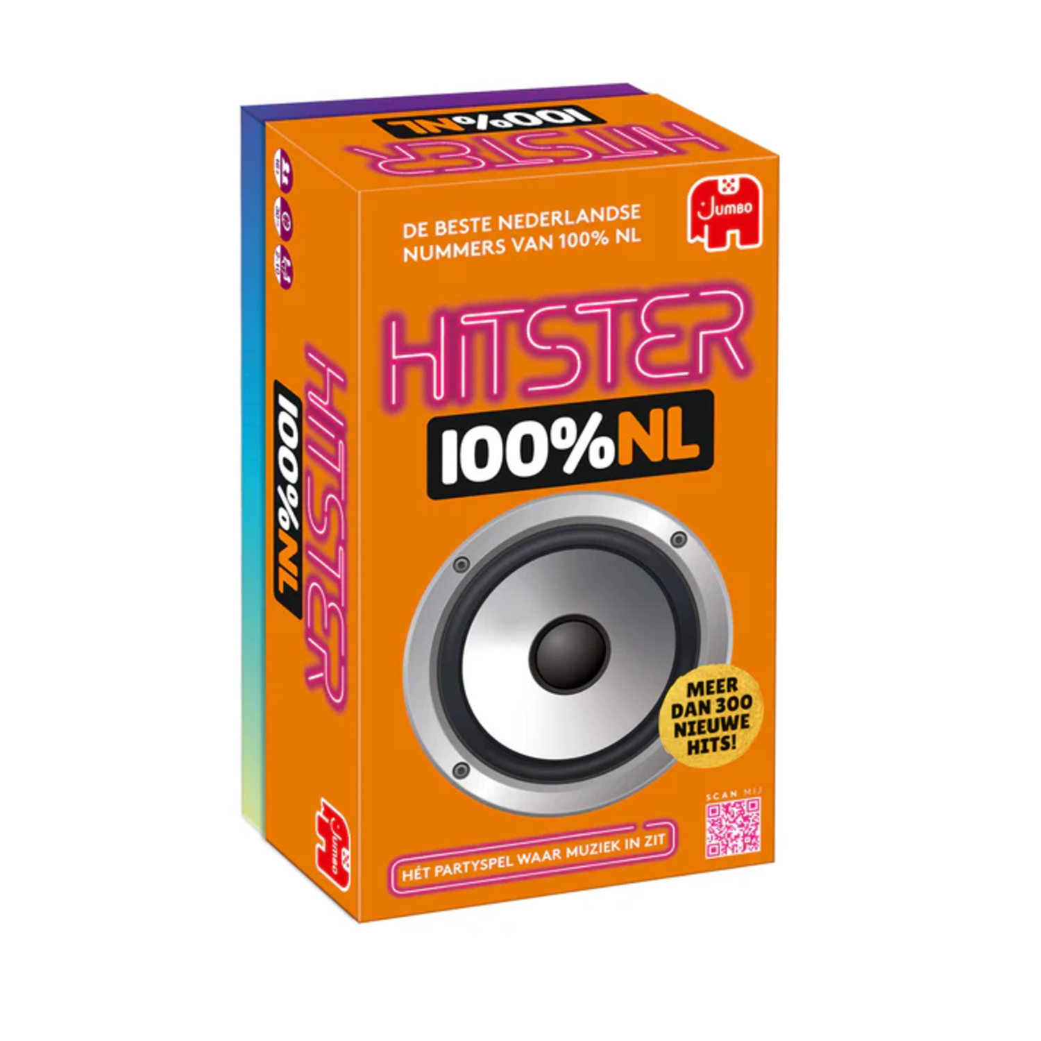 Oranje doos met een luidsprekergrafiek en Hitster 100% NL tekst.