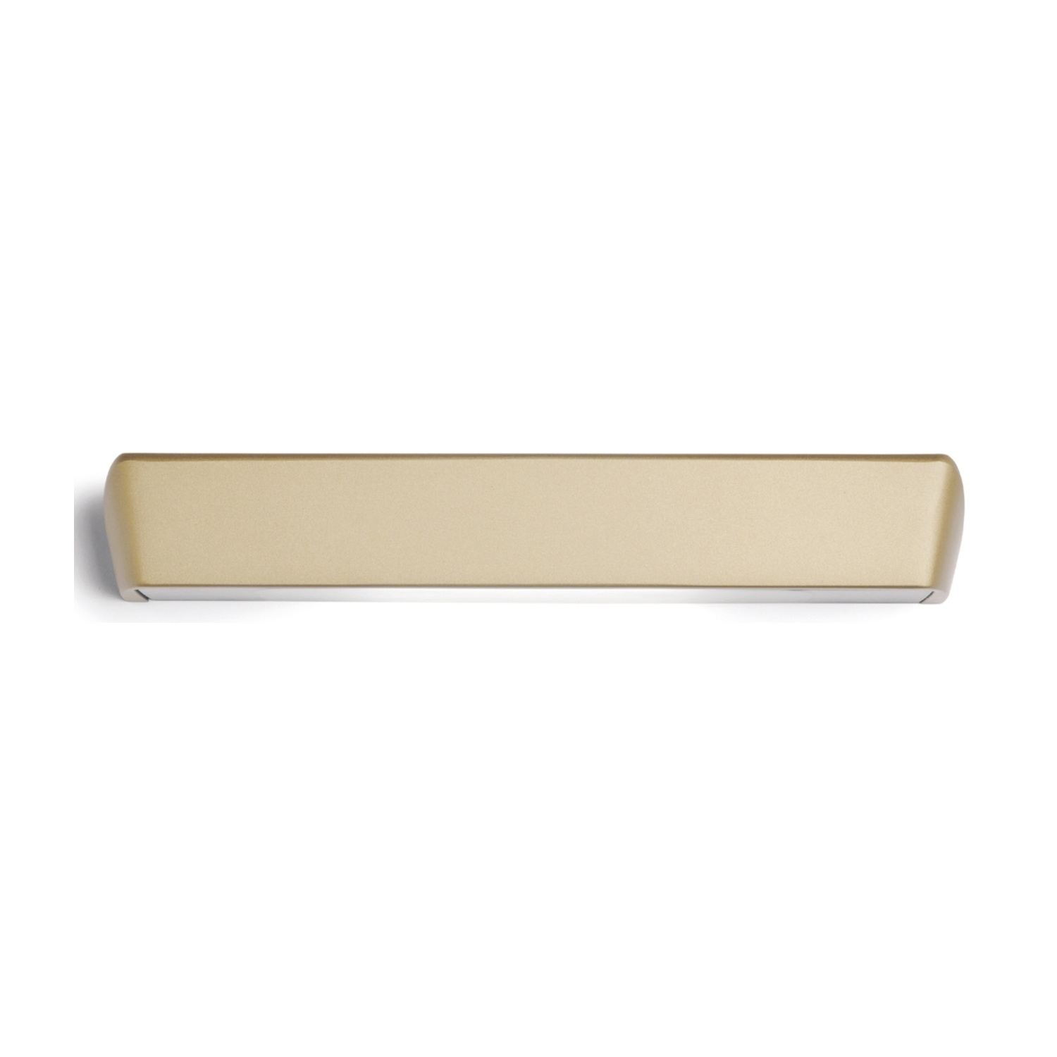 Un'applique da parete color oro. È rettangolare con una superficie liscia. Lo sfondo è bianco.