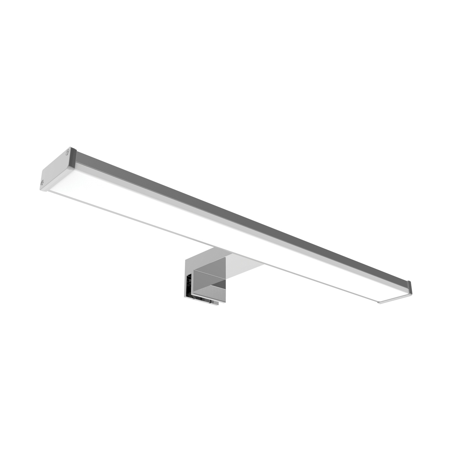 Un lungo apparecchio di illuminazione a parete rettangolare. È argentato con una luce bianca. Lo sfondo è bianco.