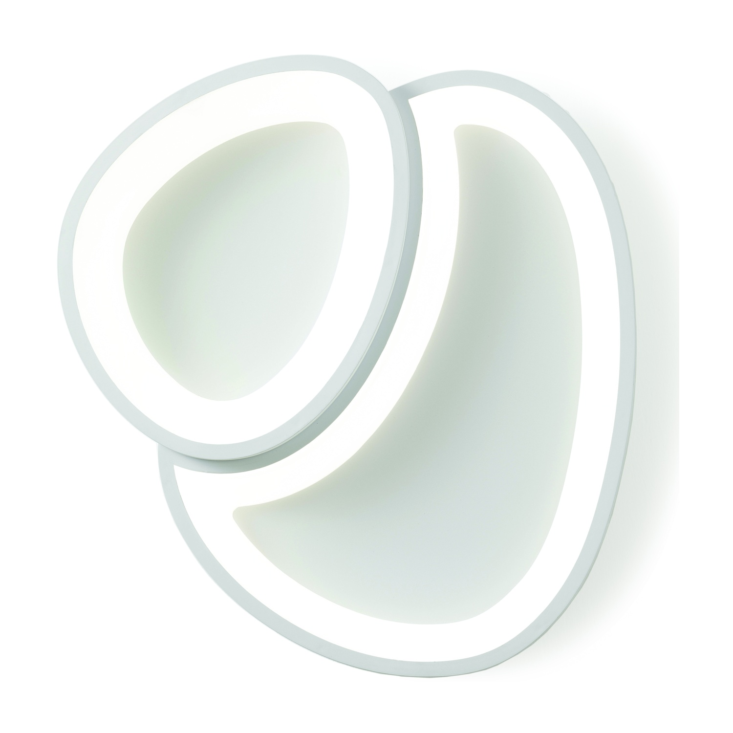Una lampada da parete bianca con un design a doppio ovale e una luce interna brillante.