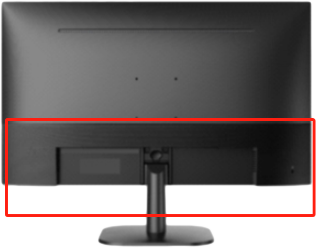 Egy számítógép monitor hátulja állvánnyal, csatlakozókkal és fekete kerettel.