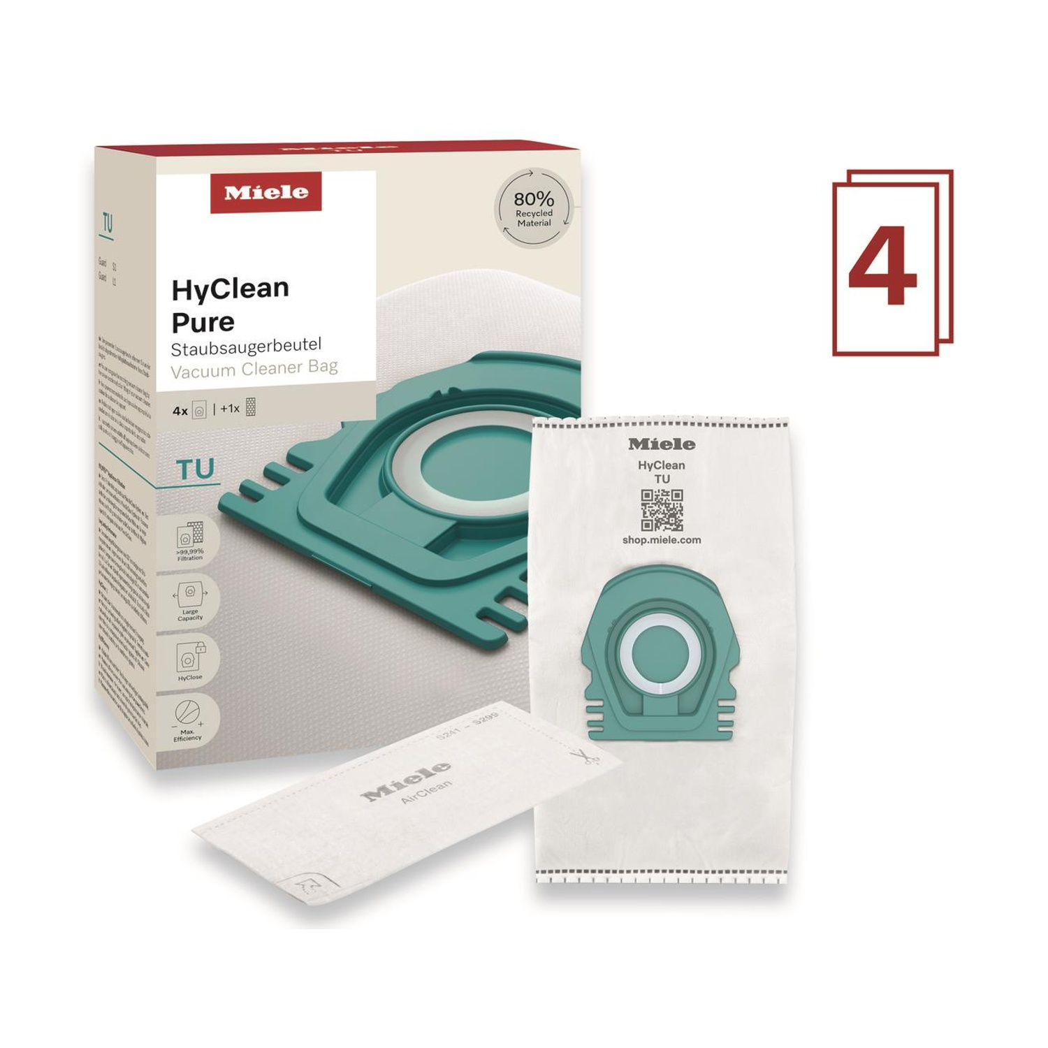 Sacchetti per aspirapolvere in una scatola con un'immagine di un aspirapolvere e il numero 4.