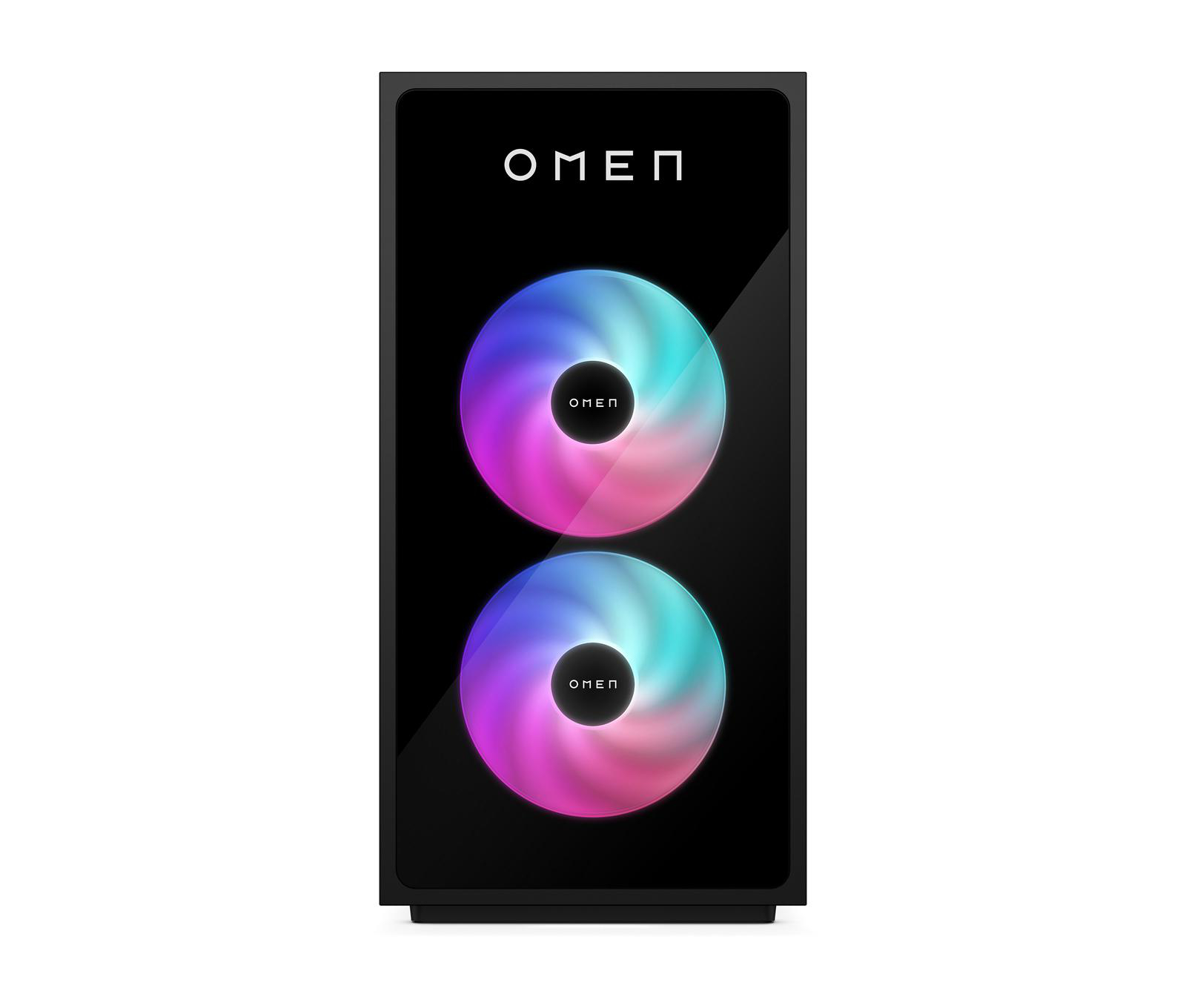 Schwarzes OMEN PC-Gehäuse vorne mit zwei RGB-Lüftern und dem OMEN-Logo.