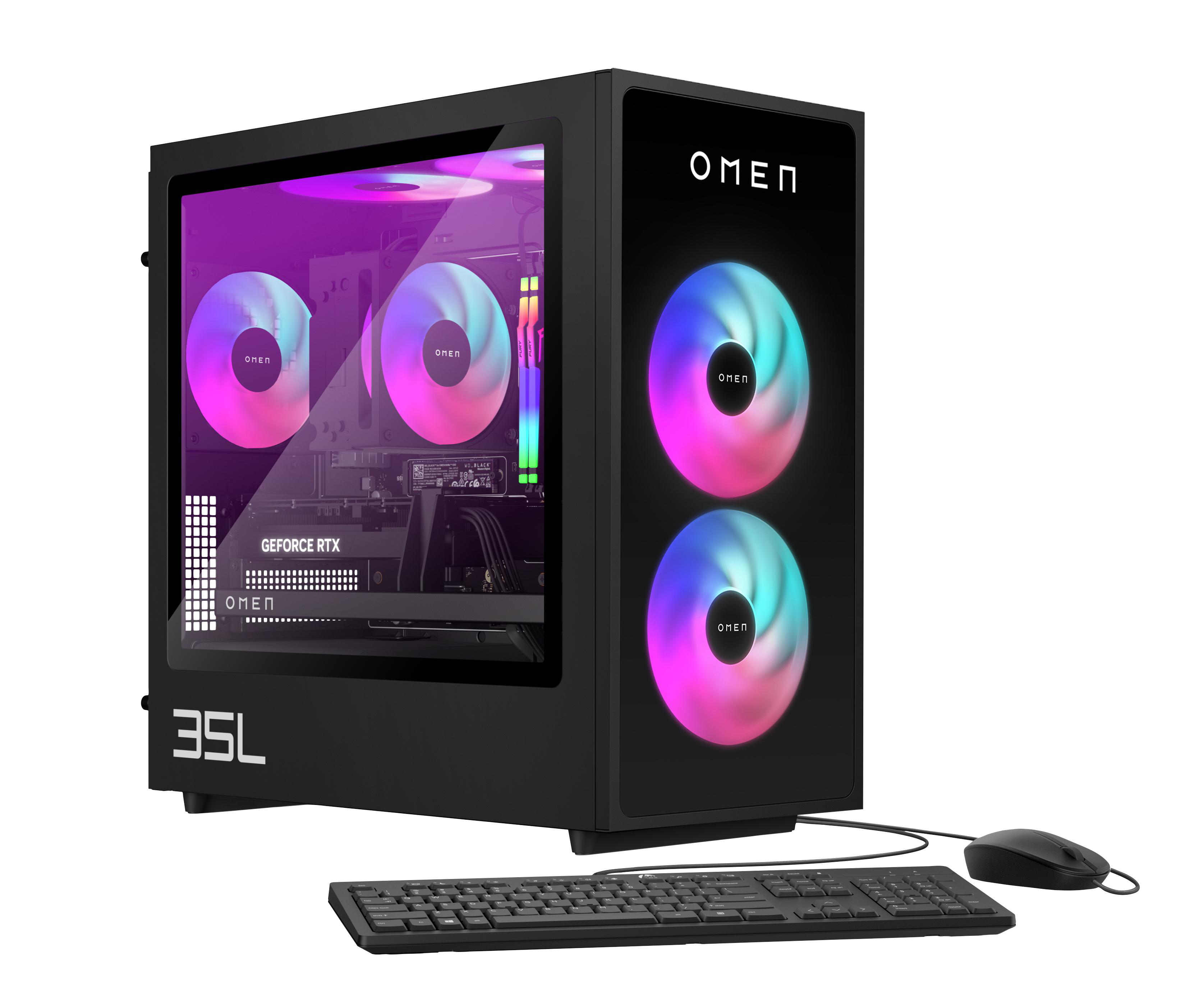 Schwarzer Desktop-Computer mit Glas-Seitenwand, der interne Komponenten mit RGB-Lüftern und Tastatur zeigt.