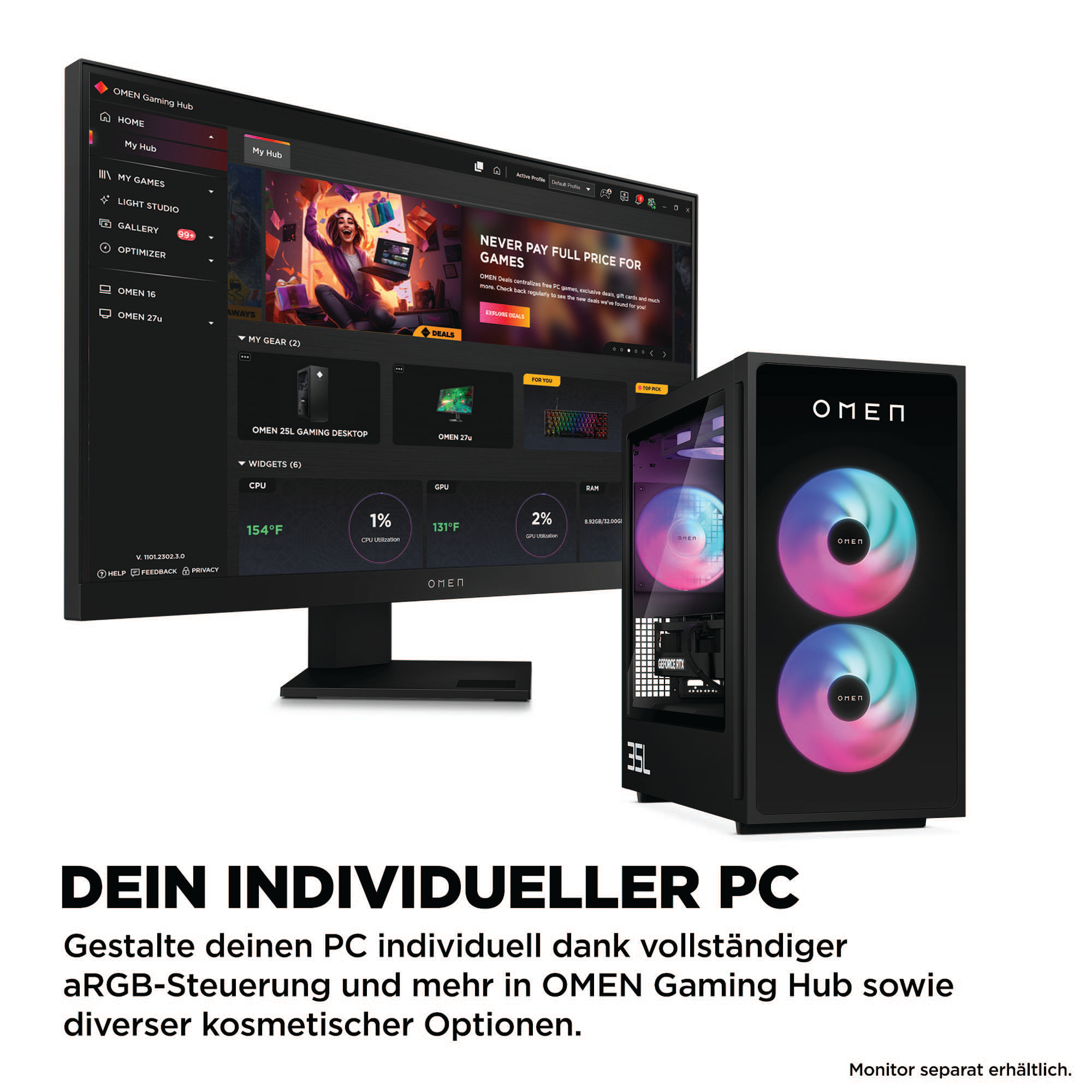 Ein schwarzes Computergehäuse mit zwei beleuchteten Lüftern. Ein Monitor zeigt eine Gaming-Hub-Oberfläche. Text: Dein individueller PC.