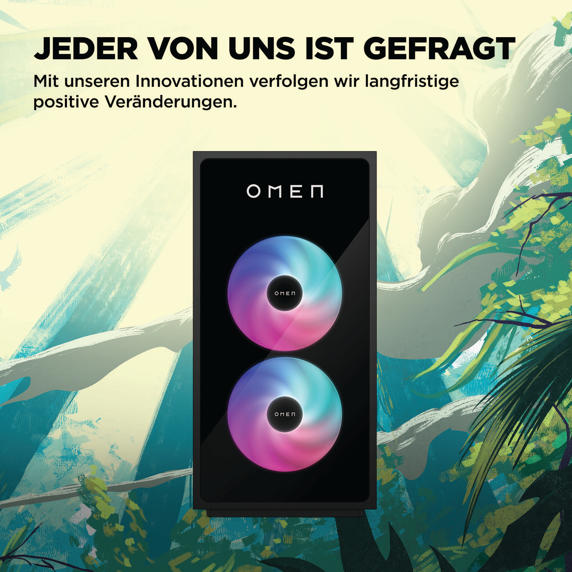 Ein schwarzer Computerturm mit zwei leuchtenden Kreisen mit dem Wort OMEN.