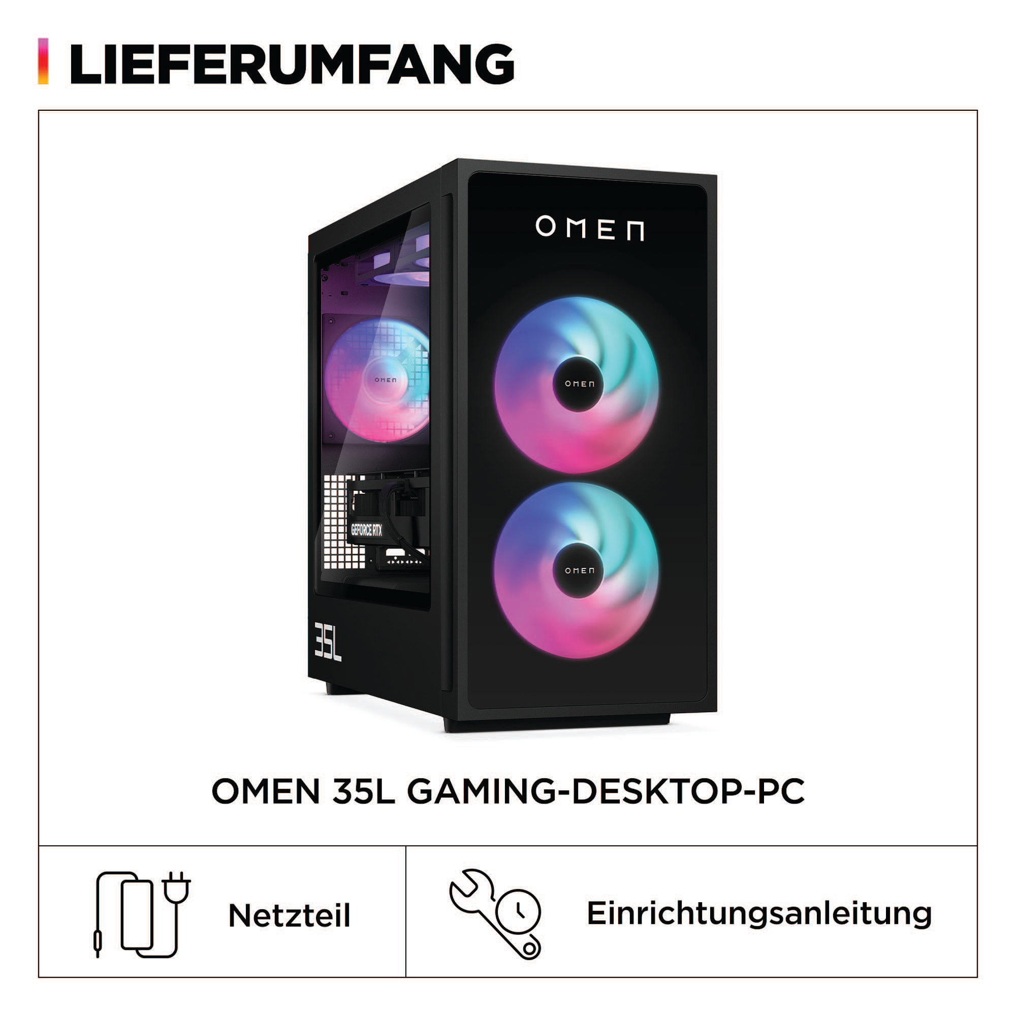 Ein schwarzes Gaming-PC-Gehäuse mit zwei Lüftern und einem Netzteil, mit Text darunter.