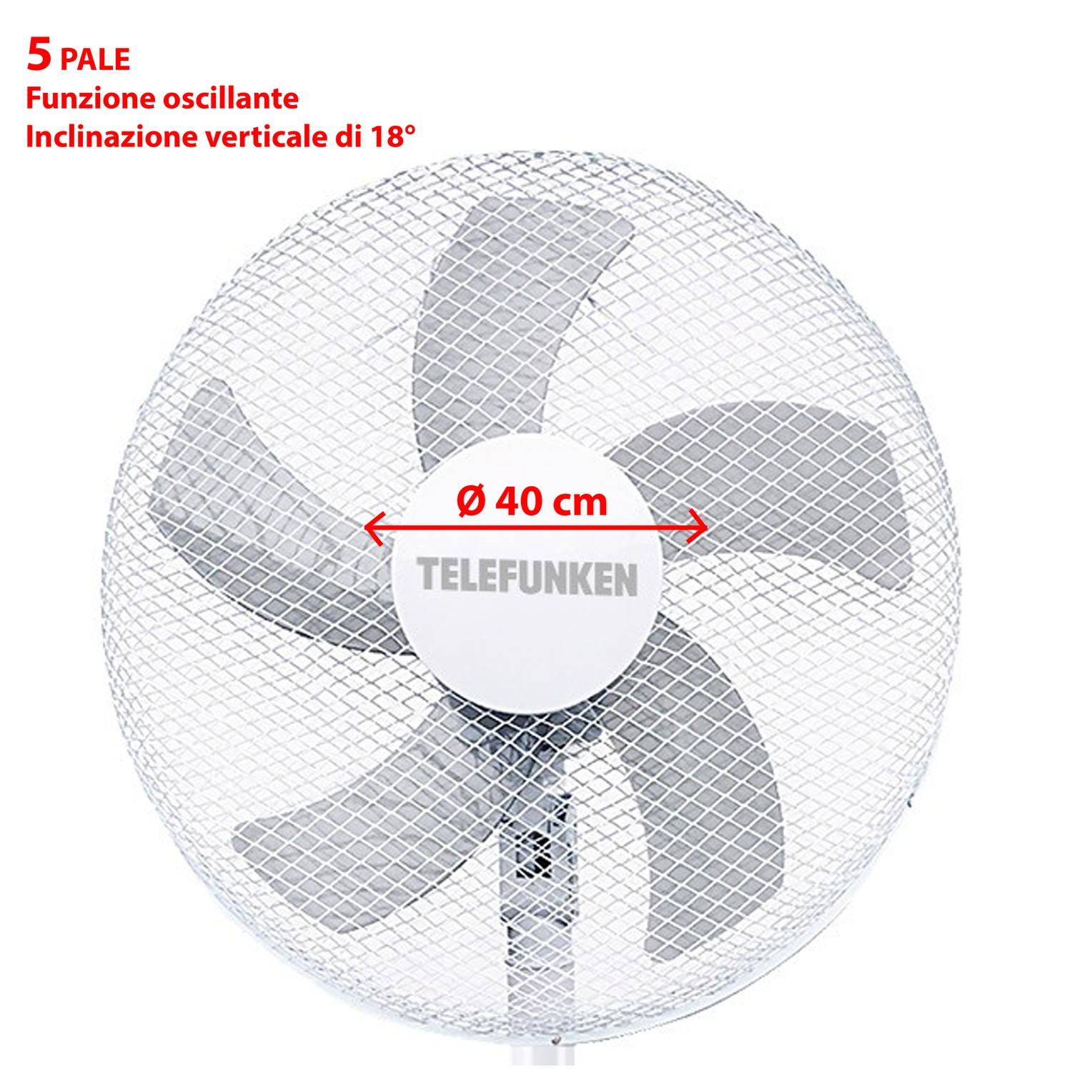 Un ventilatore Telefunken bianco con 5 pale. Il diametro è di 40 cm. Il ventilatore è su sfondo bianco.