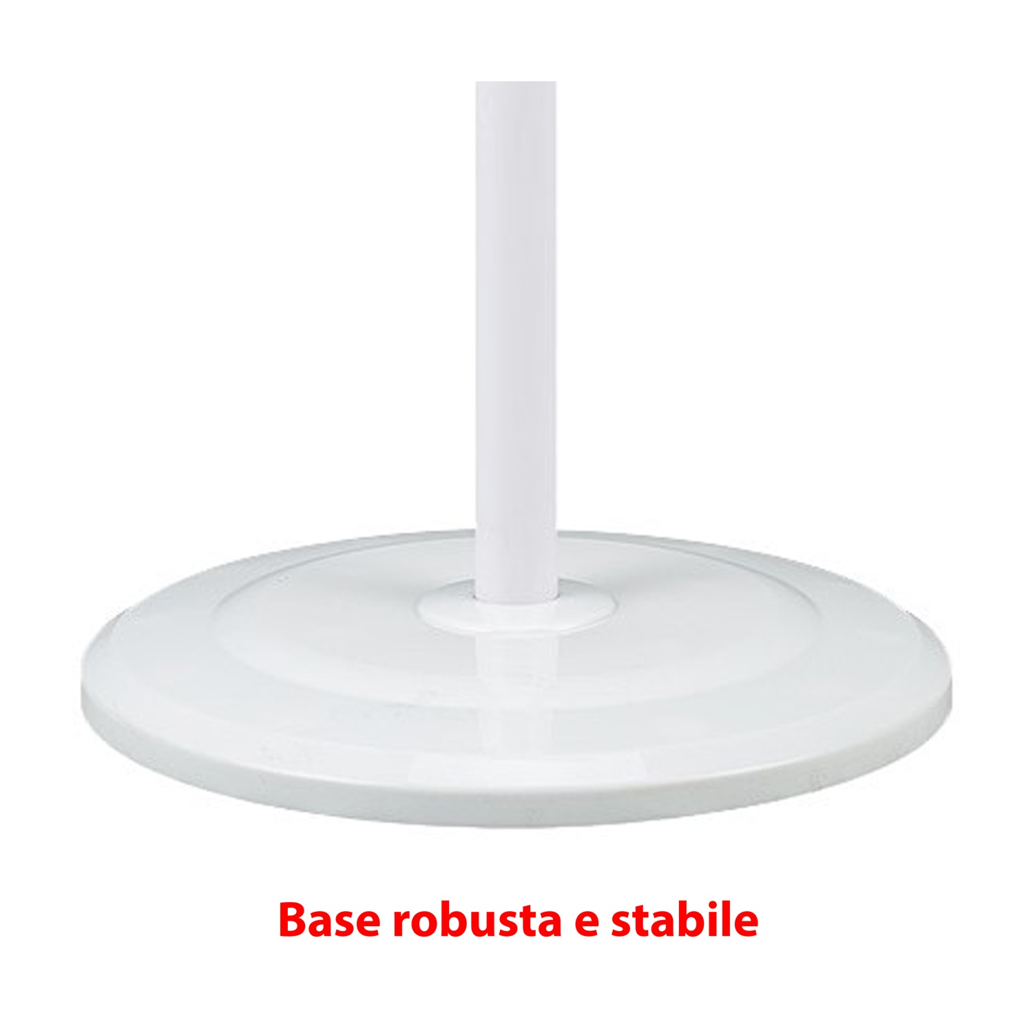 Base rotonda bianca per ventola con palo bianco. Testo: Base robusta e stabile.