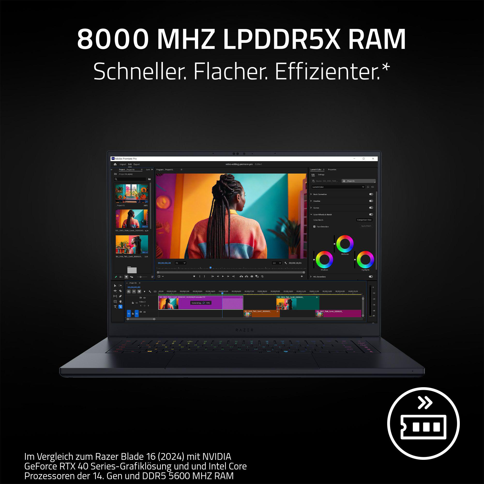 Ein schwarzer Laptop mit Video-Editing-Oberfläche, Text zur RAM-Leistung.