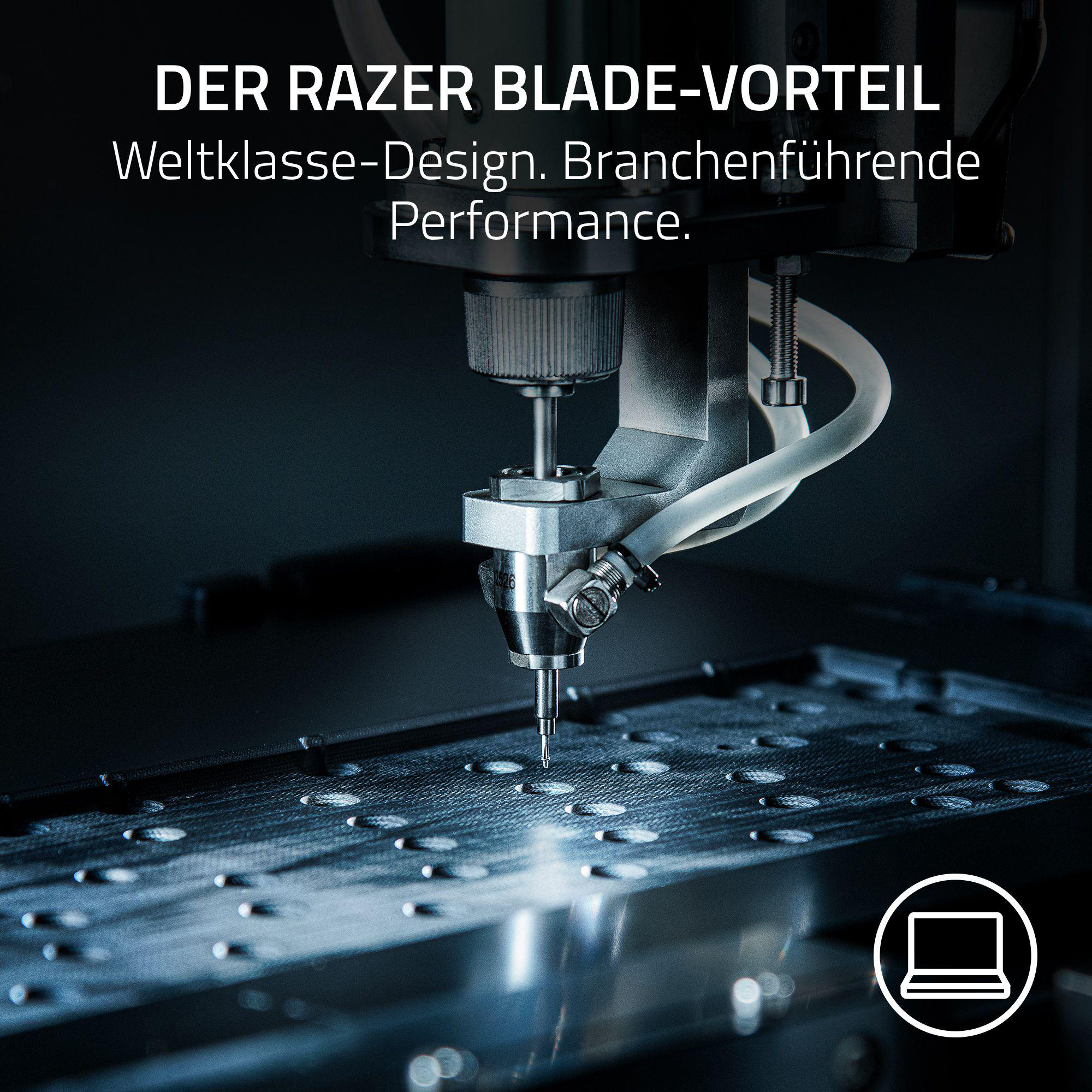 Maschine bohrt Löcher. Text: Der Razer Blade-Vorteil. Weltklasse-Design.