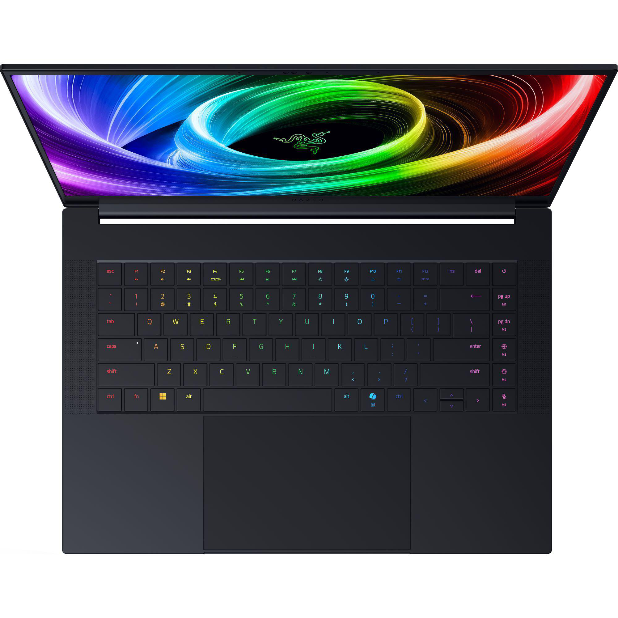Laptop mit bunter Tastatur und geöffnetem Bildschirm; Razer-Logo sichtbar.