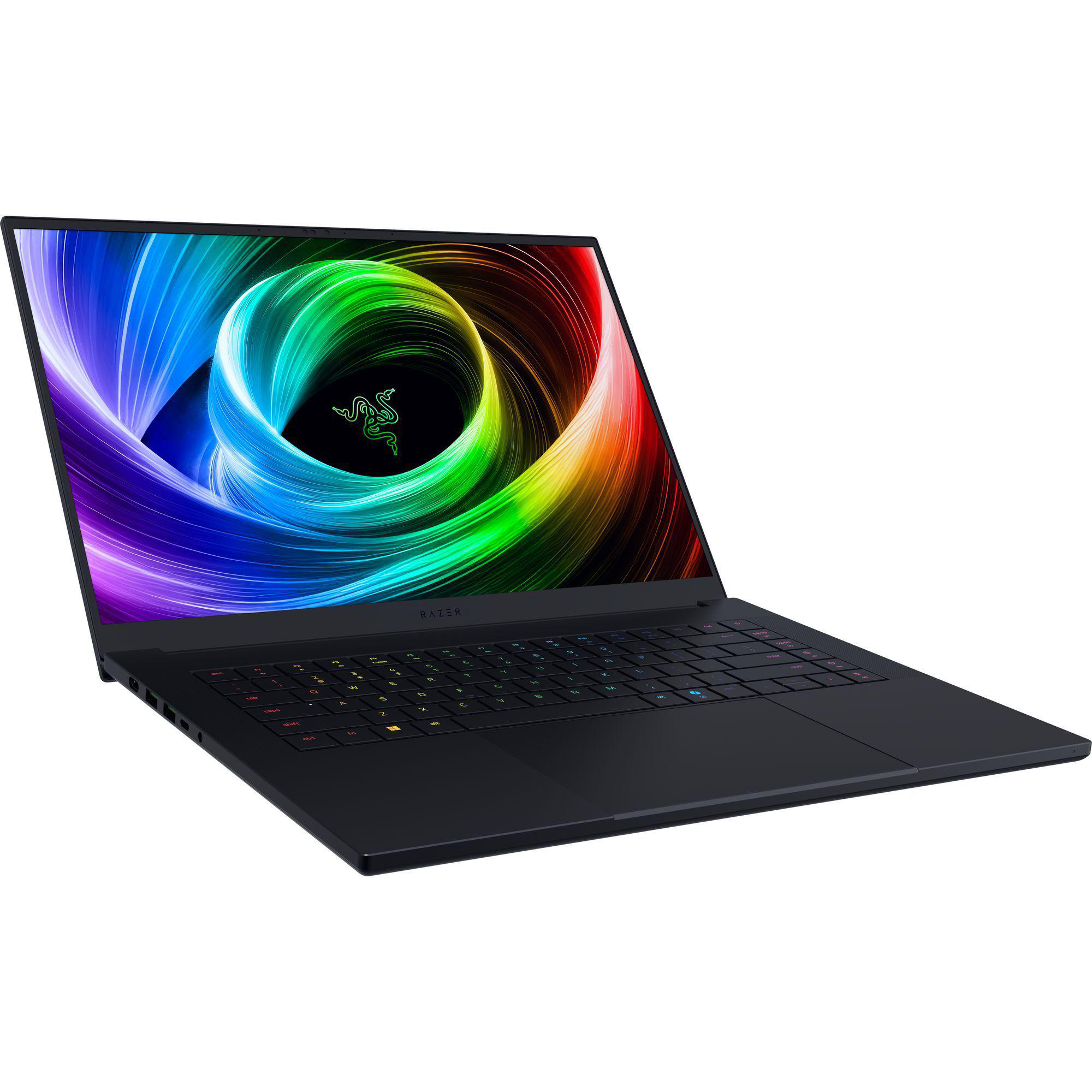 Schwarzer Razer-Laptop geöffnet, zeigt einen farbenfrohen Bildschirm mit Razer-Logo. Weißer Hintergrund.