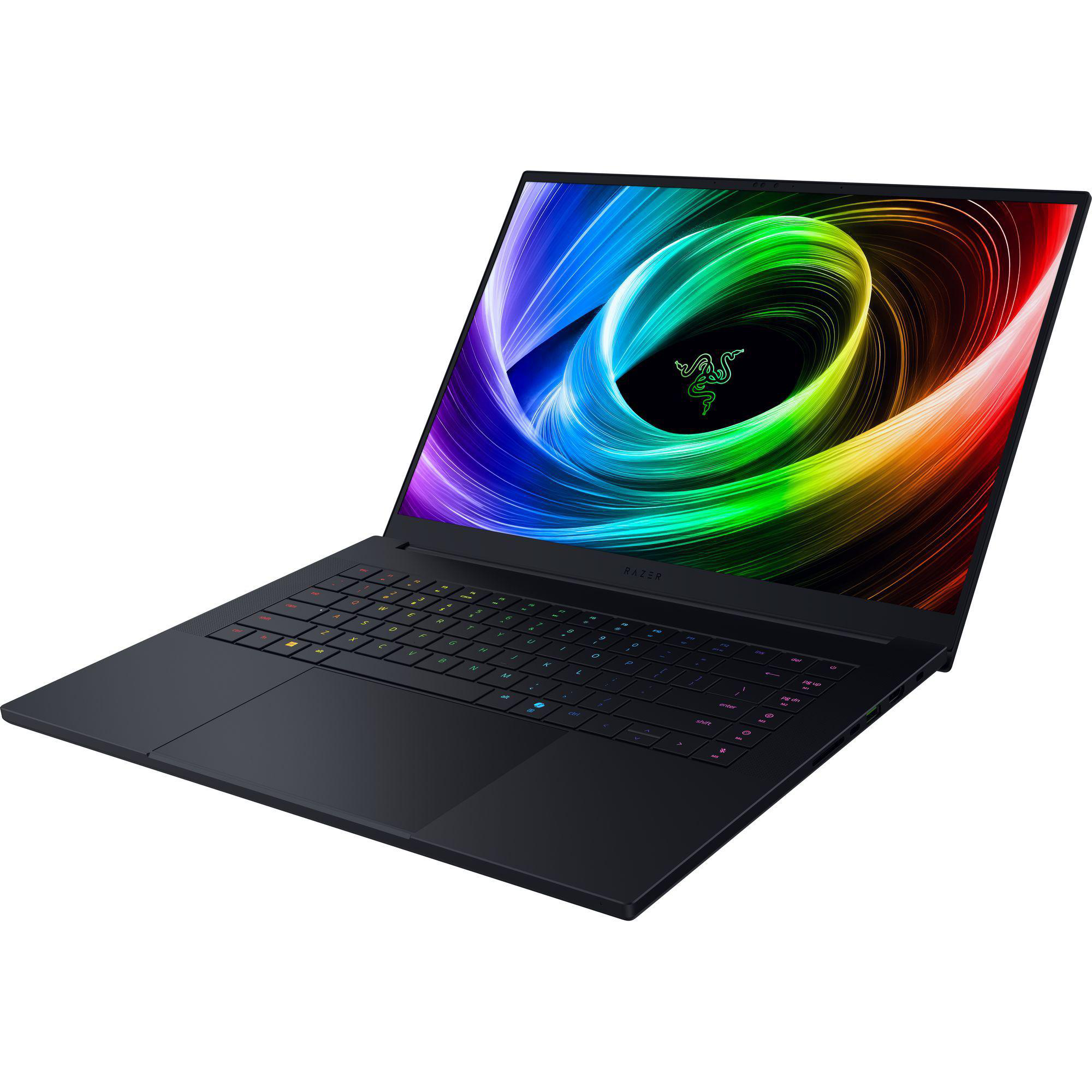 Schwarzer Razer-Laptop mit farbenfroher Bildschirmanzeige, Razer-Logo sichtbar, vor weißem Hintergrund.