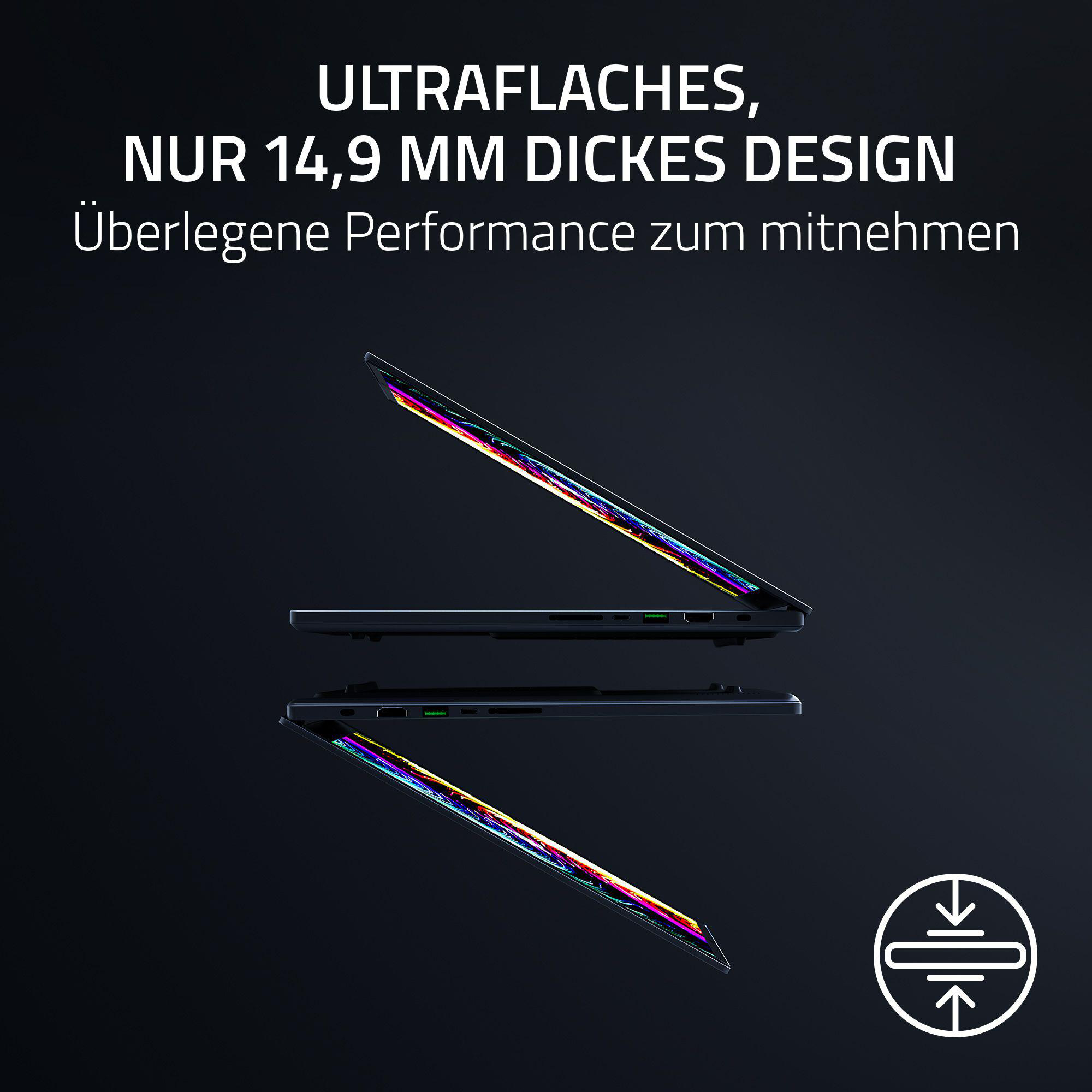 Drei schwarze Laptops mit geöffneten Bildschirmen. Deutscher Text: 'ultraflaches, nur 14,9 mm dickes Design'.