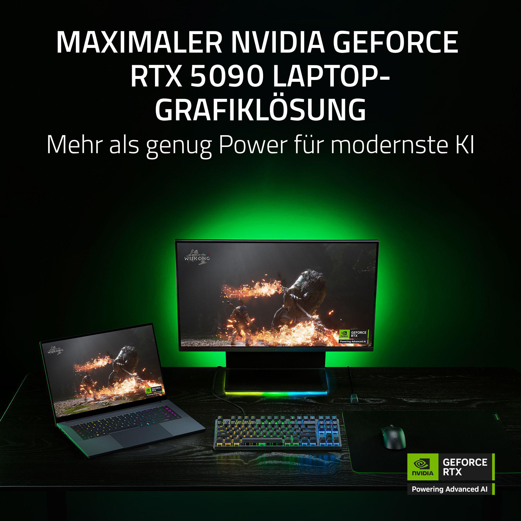 Ein Laptop und Monitor auf einem Schreibtisch, mit einem grün beleuchteten Hintergrund.